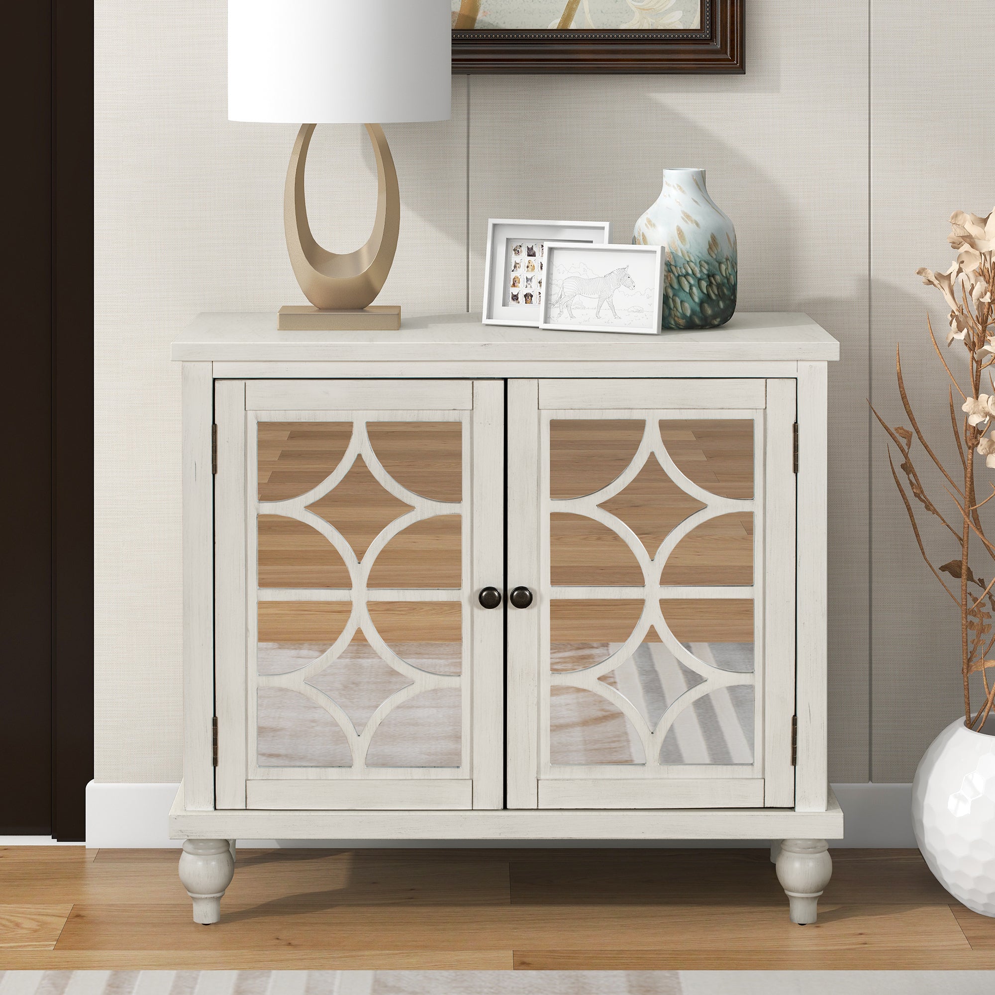 Free Standing Wood Sideboard Storage Cabinet with Doors and Adjustable Shelf ( Antique White)