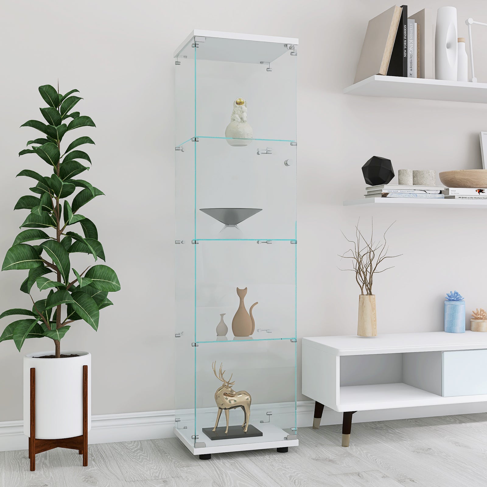 Glass Display Cabinet 4 Shelves with Door (White)