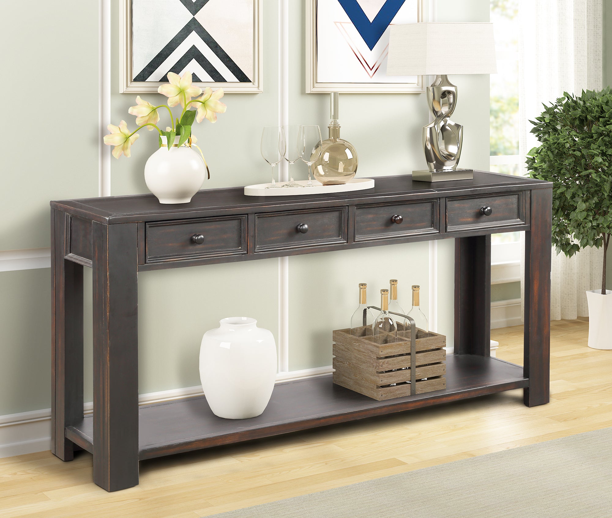 Console Table for Entryway Hallway Sofa Table with Storage Drawers and Bottom Shelf (Black)