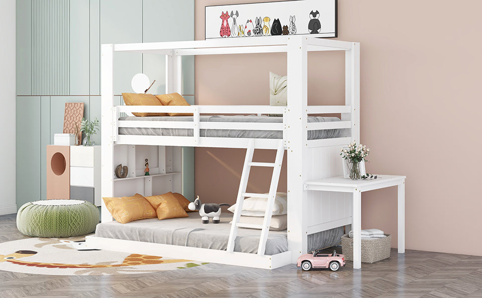 Twin Over Full Bunk Bed with Desk Storage Shelves (White)