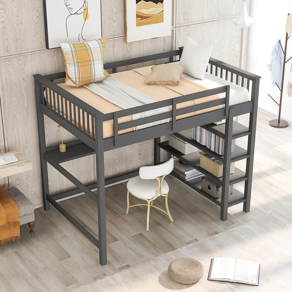 Full Size Loft Bed with Storage Shelves and Under-bed Desk (Gray)