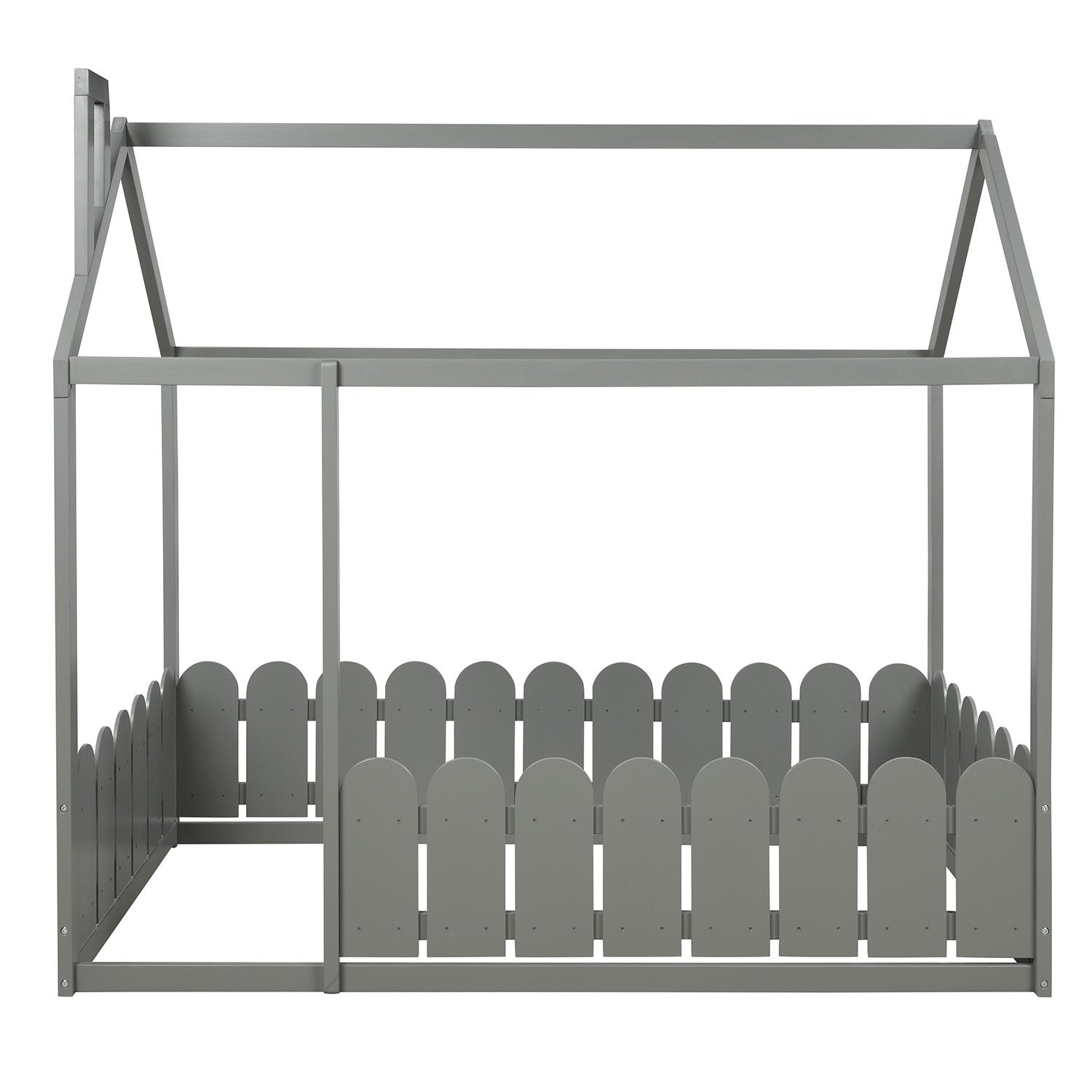 Twin Size Wood Bed House Bed Frame with Fence (Gray) (Slats are not included)