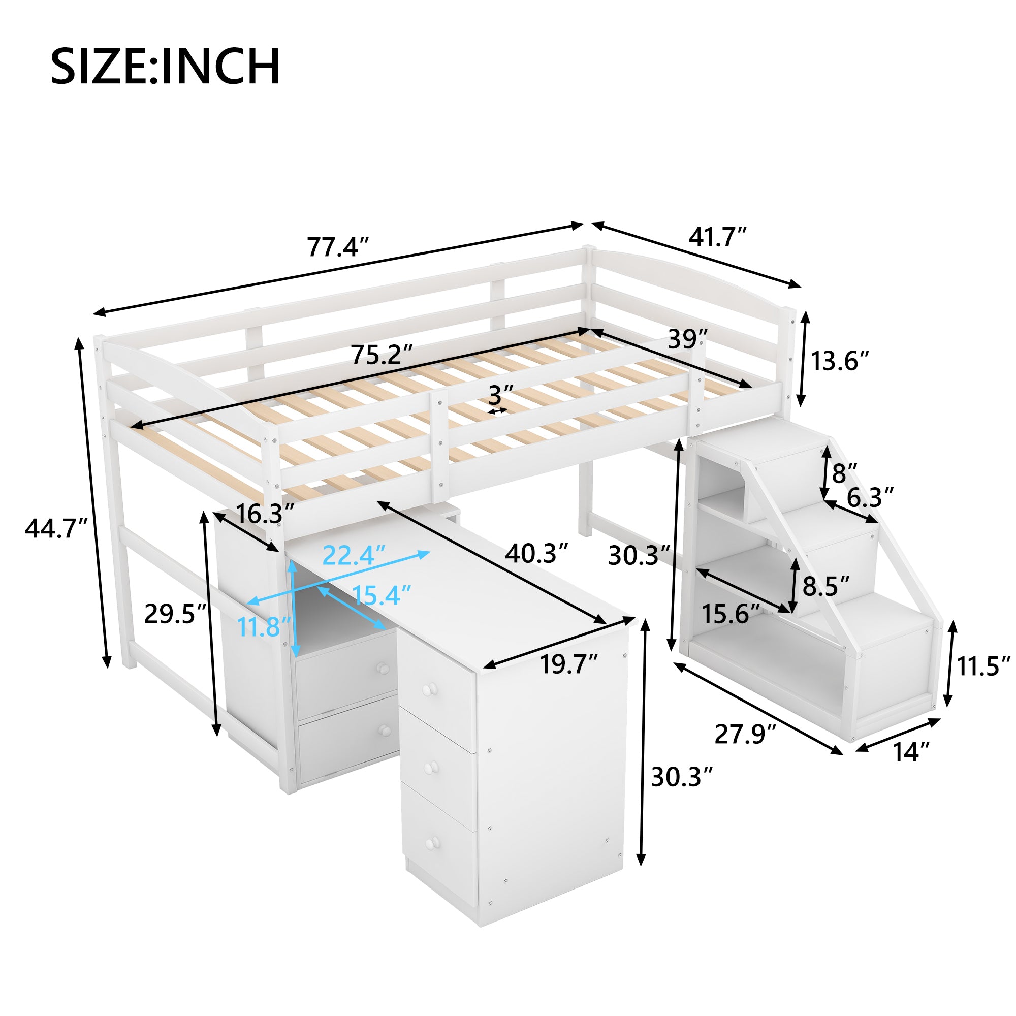 Twin Size Loft Bed with Multifunctional Movable Built-in Desk and and Staircase (White)