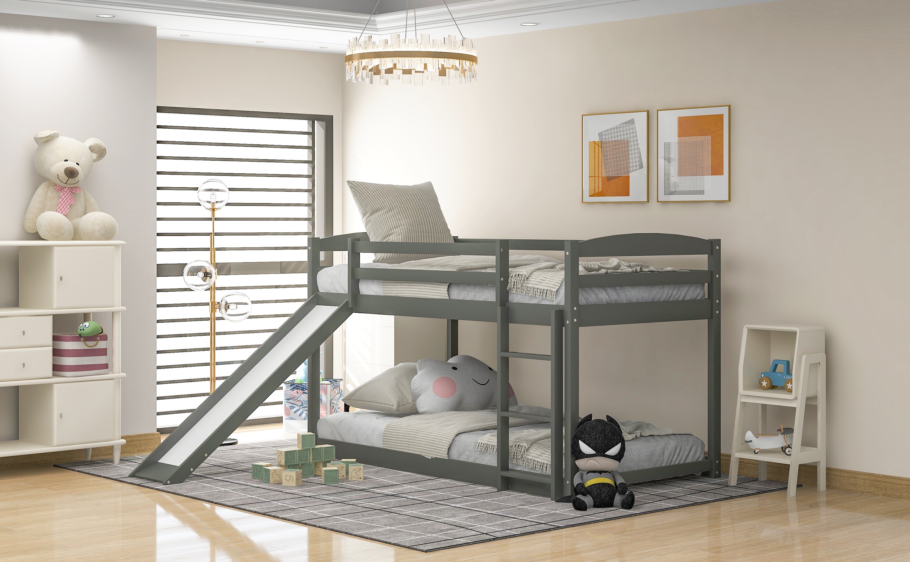 Twin over Twin Bunk Bed with Convertible Slide and Ladder (Gray)
