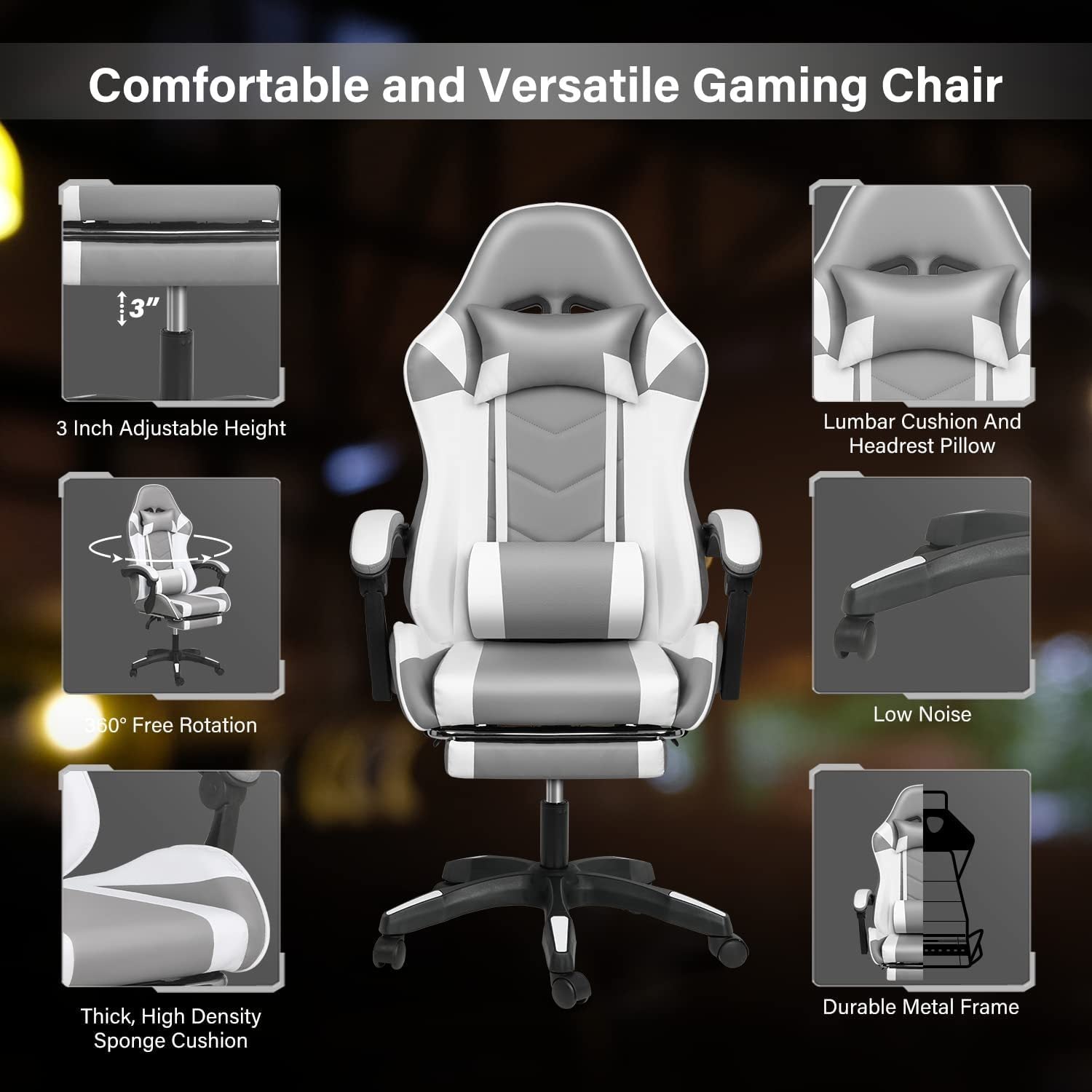 YSSOA FNGAMECHAIR01 Ergonomic Adjustable Swivel Chair with Headrest and Lumbar Support with Footrest (Gray/White)