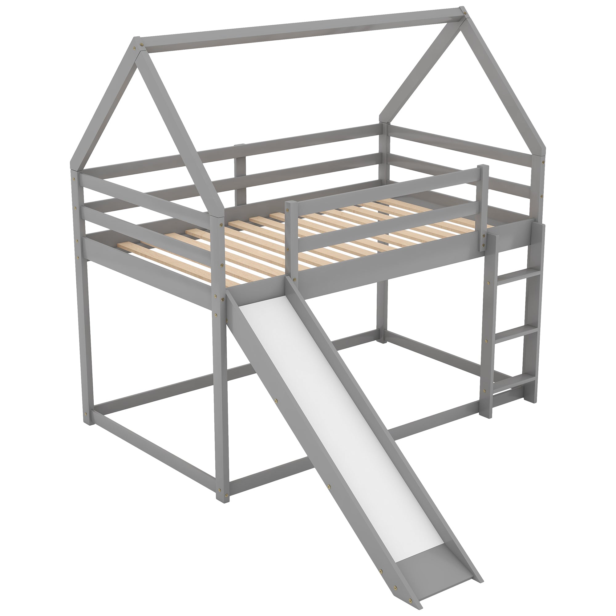 Twin Size Bunk House Bed with Slide and Ladder (Gray)