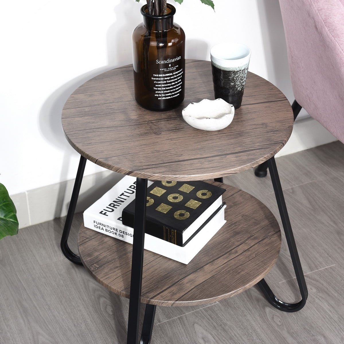 18.1 Inch Small Round Coffee Table Coffee Table (Brown)