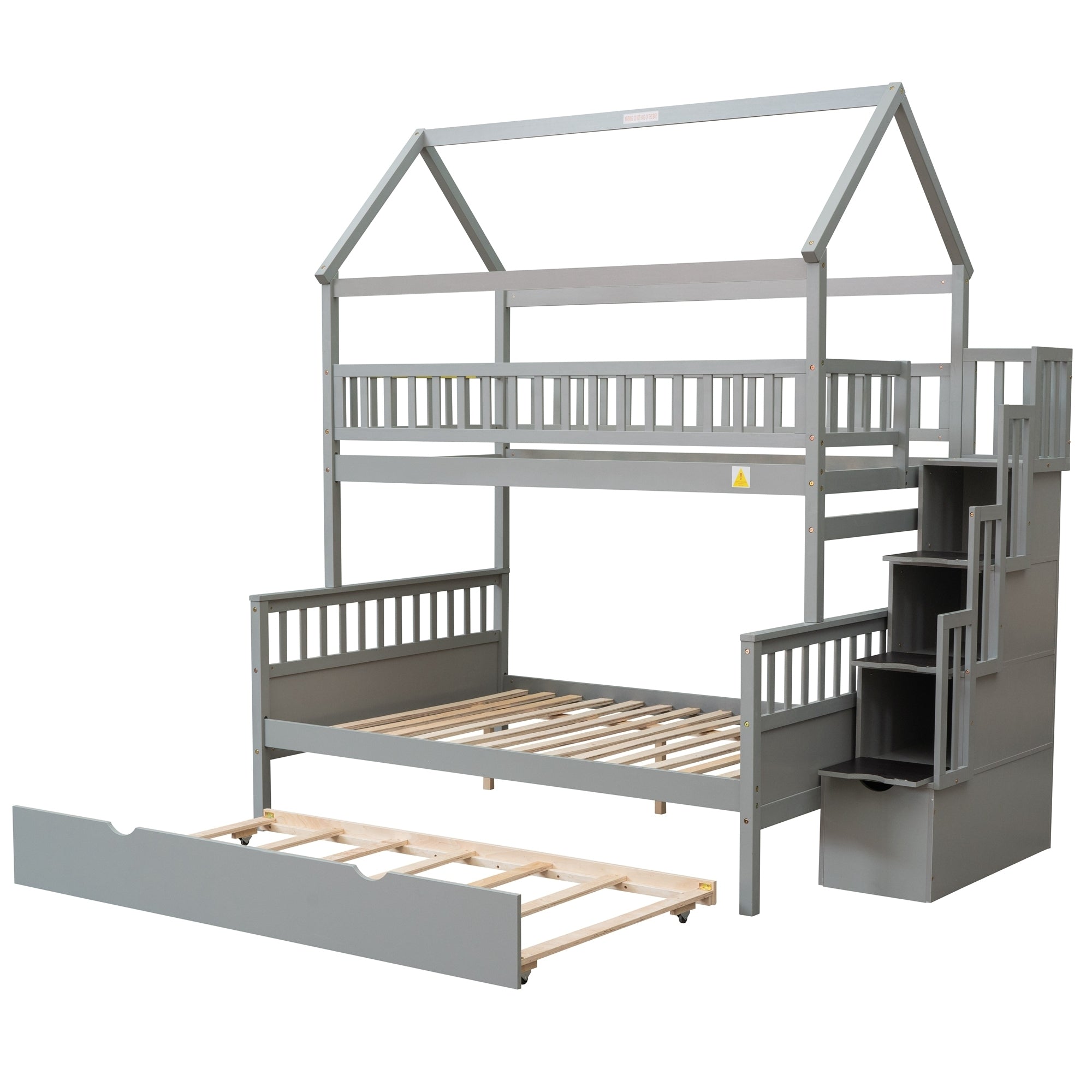 Twin over Full Size House Bunk Bed with Storage Staircase and Trundle (Gray)