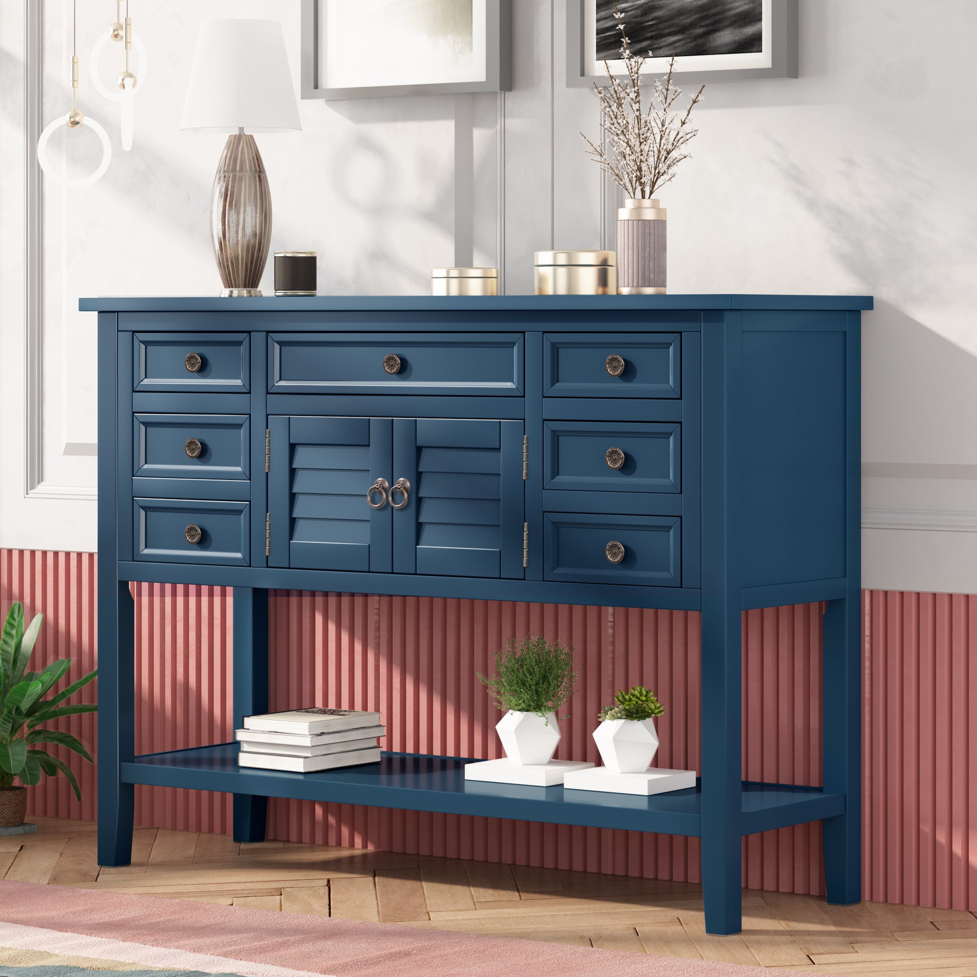 45'' Modern Console Table Sofa Table for Living Room with 7 Drawers (Blue)