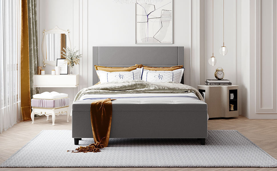 Queen Size Storage Bed Upholstered Platform Bed with a Cushioned Ottoman (Gray）