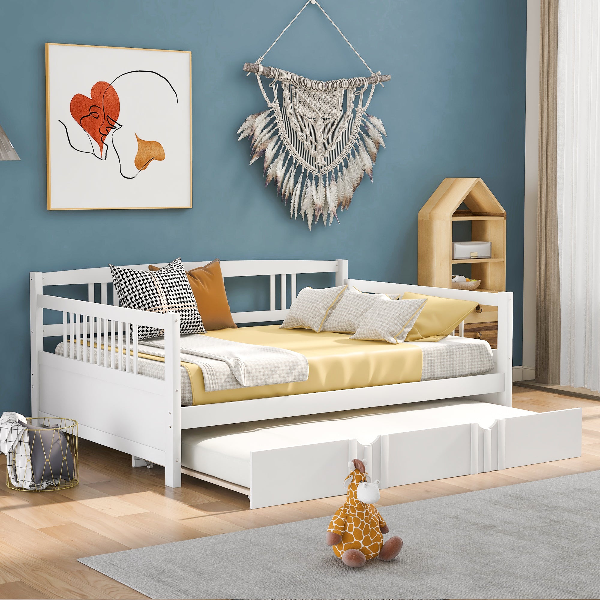 Full Size Daybed Wood Bed with Twin Size Trundle (White)