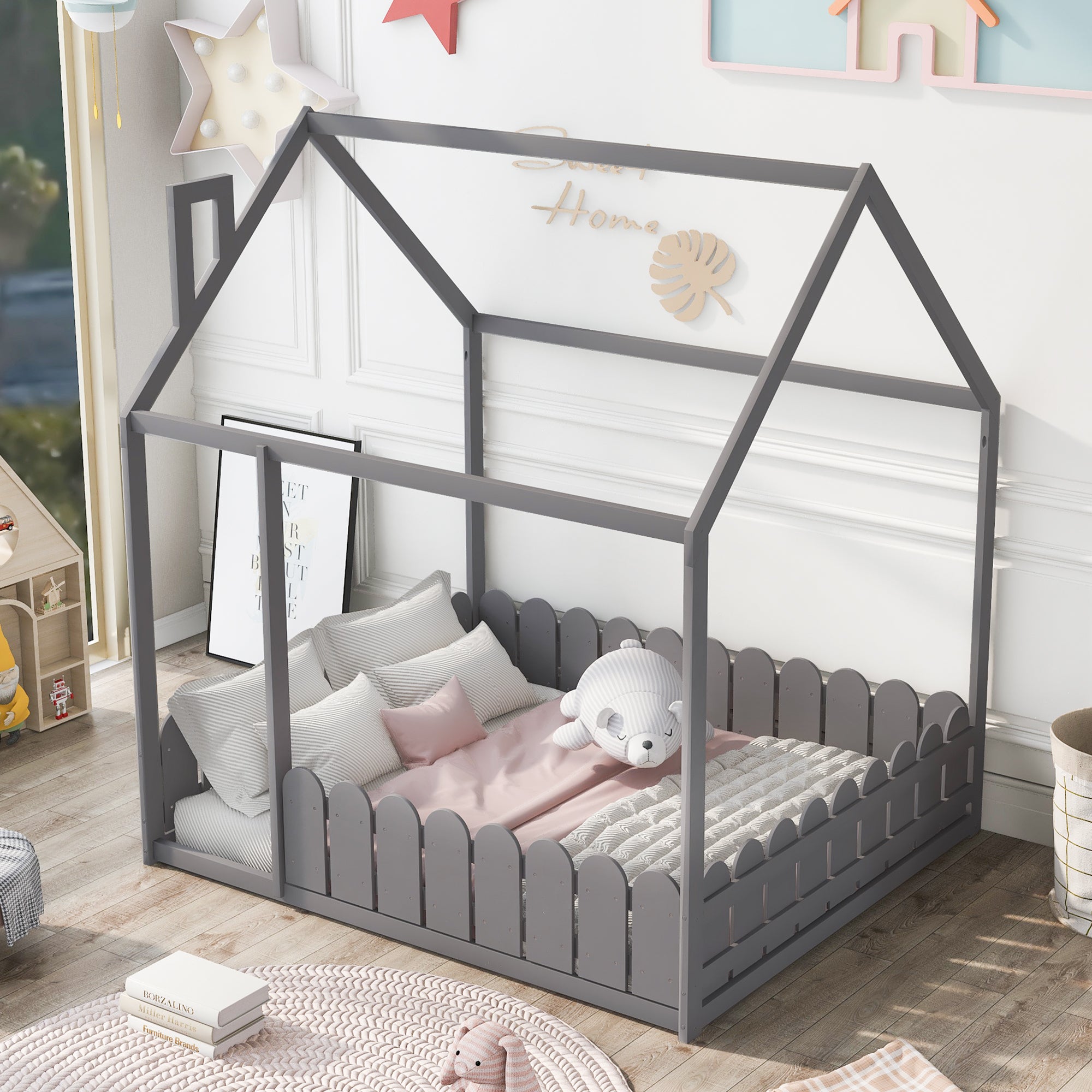 Full Size Wood Bed House Bed Frame with Fence (Gray) （Slats are not included)