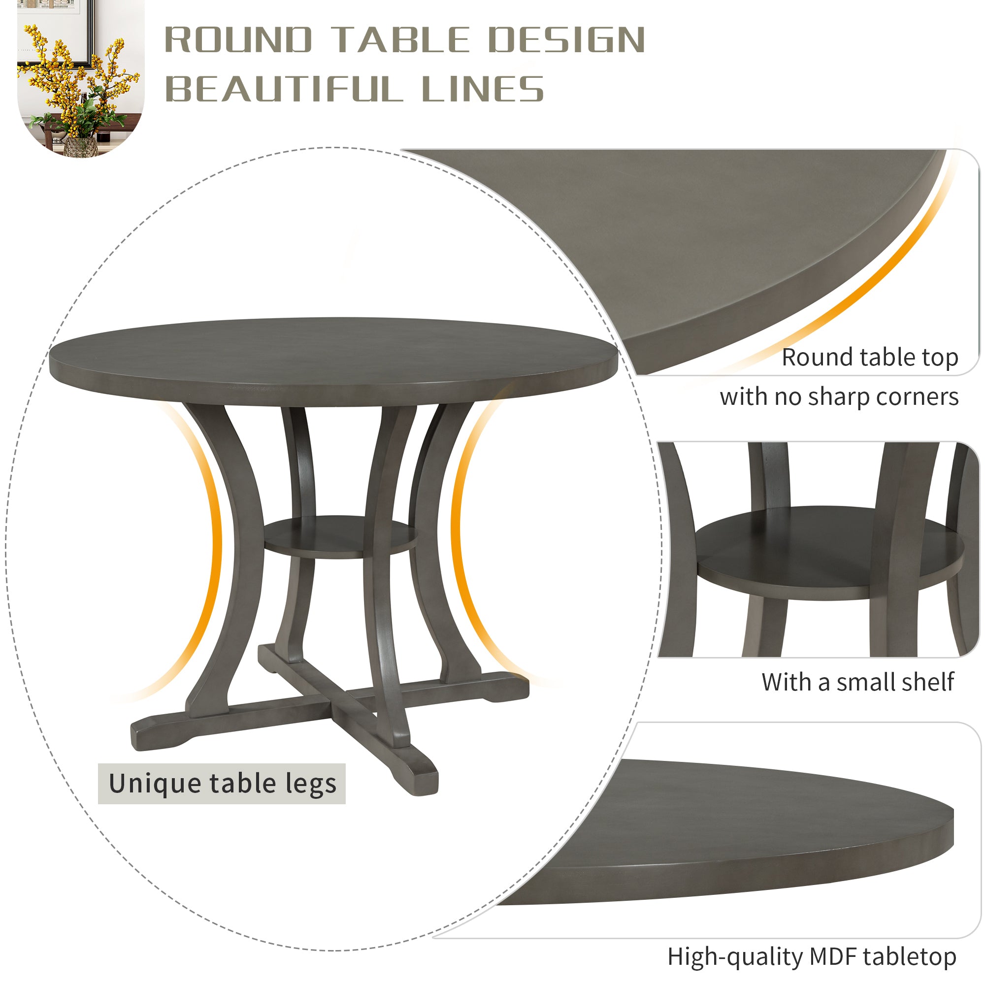 TREXM 5-Piece Round Dining Table and Chair Set with Special-shaped Legs and an Exquisitely Designed Hollow Chair Back for Dining Room (Gray)