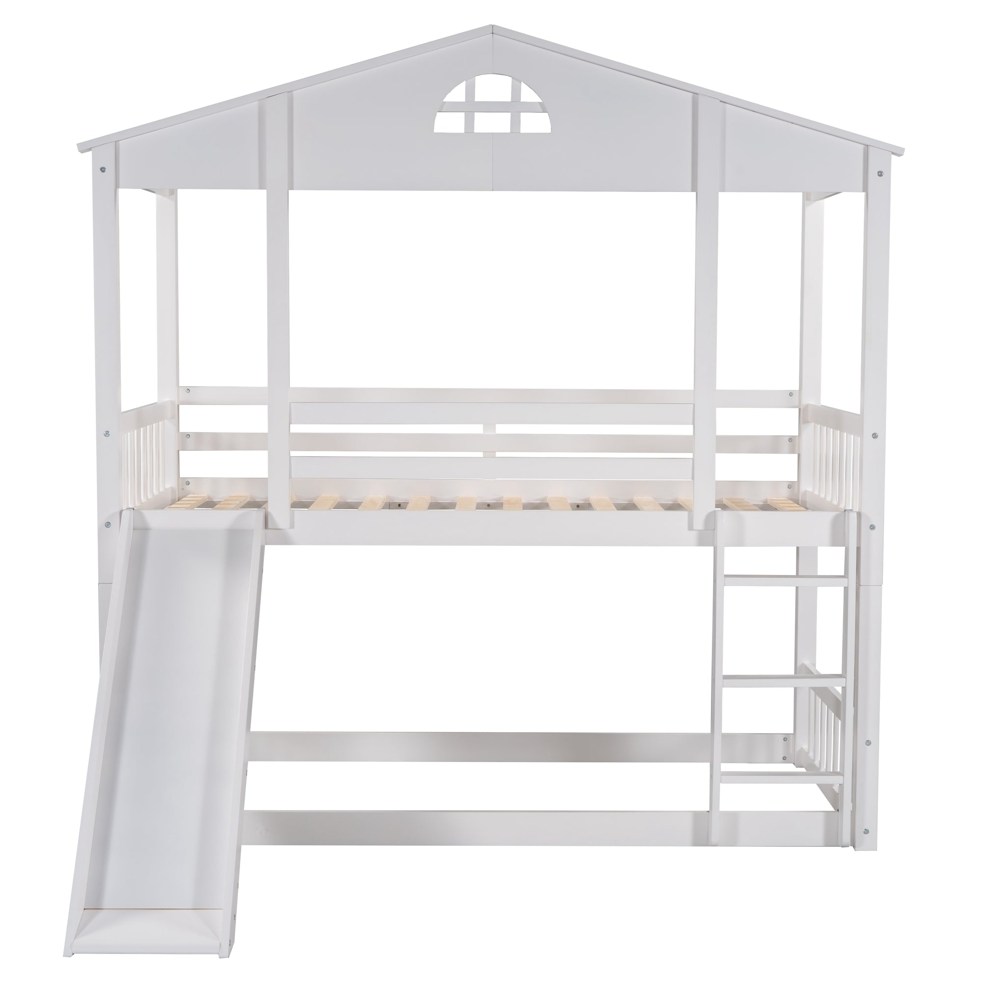 Twin over Twin House Bunk Bed with Convertible Slide and Ladder (White)