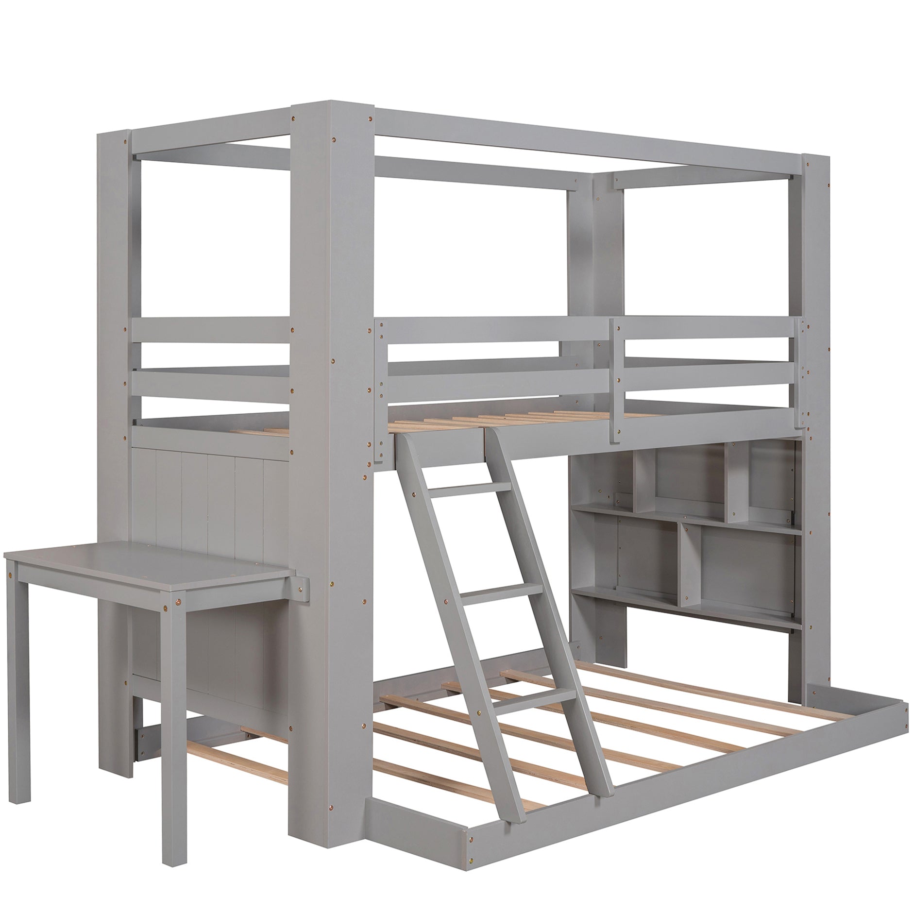 Twin Over Full Bunk Bed with Desk Storage Shelves (Gray)
