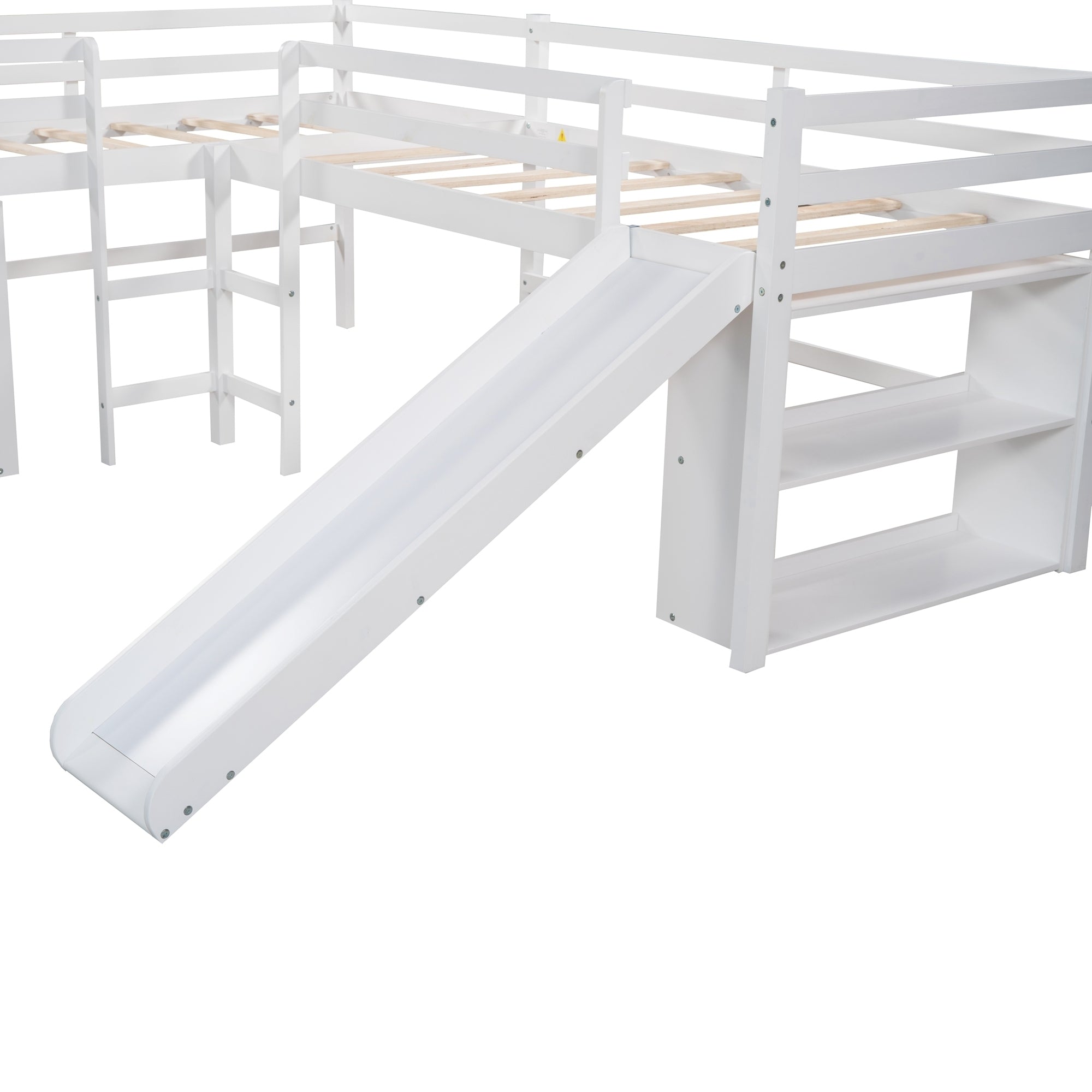 Twin Size L-Shaped Loft Bed with Movable Two-Tier Shelves and Slide (White)