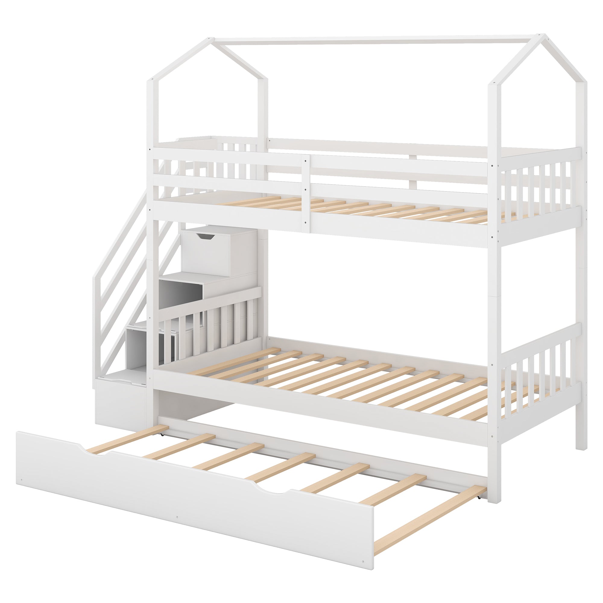 Multifunctional Twin over Twin House Bunk Bed with Staircase and Storage Space (White)