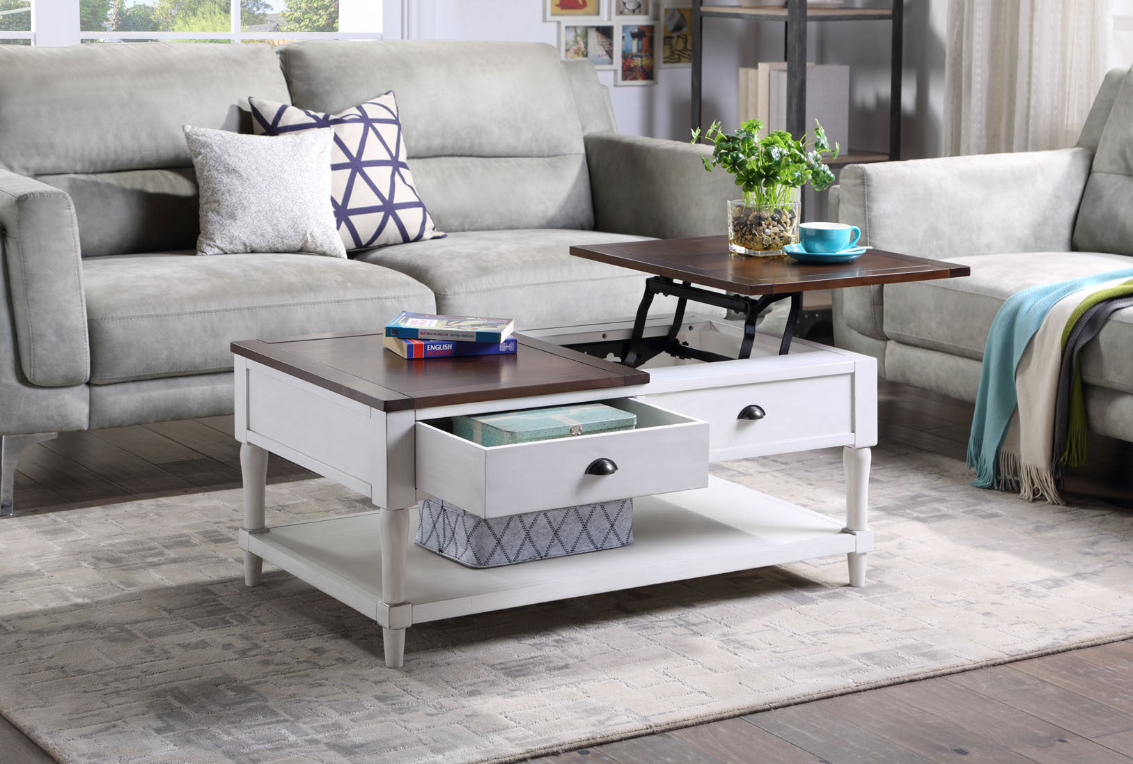 Coffee Table Lift Top Wood Home Living Room (White)