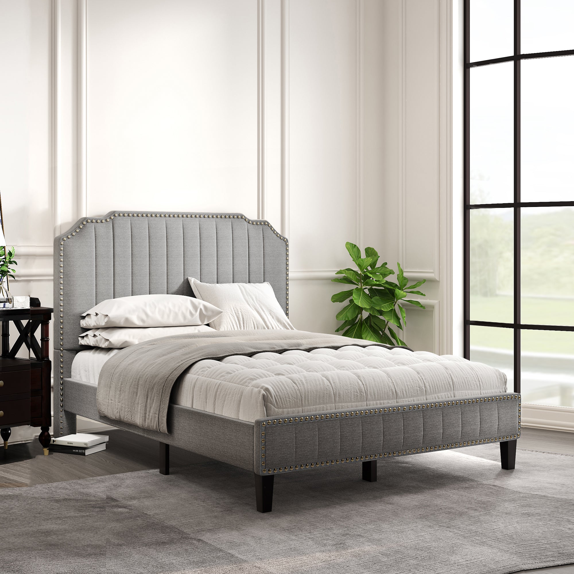 Modern Linen Curved Upholstered Platform Bed (Gray)