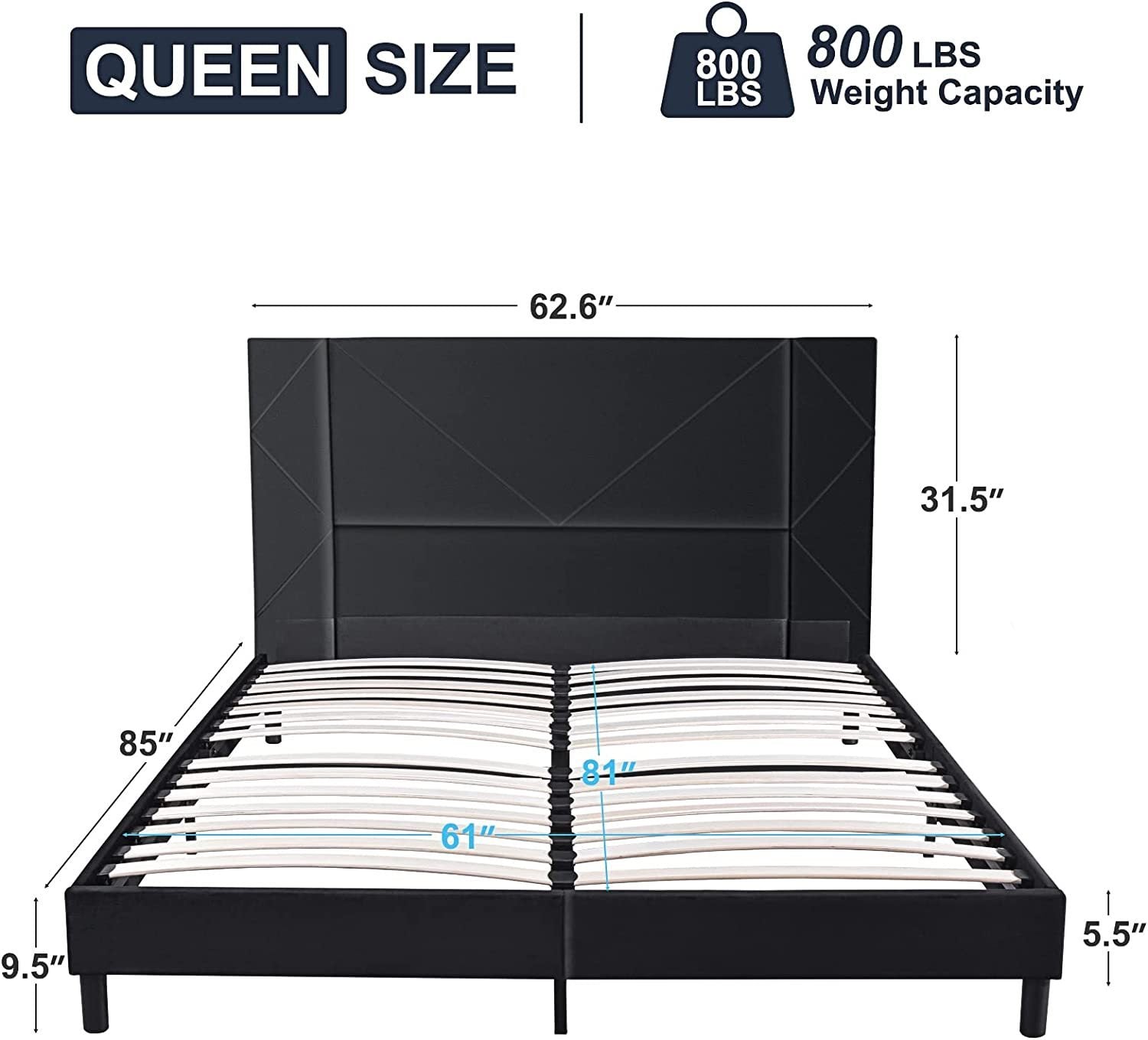 Velvet Queen Upholstered Platform Bed with Headboard (Black)