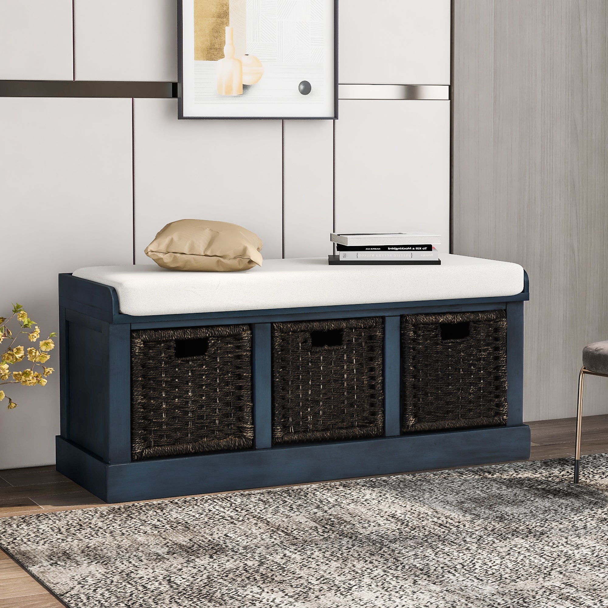 TREXM Rustic Storage Bench with 3 Detachable Classic Rattan Baskets (Antique Navy)