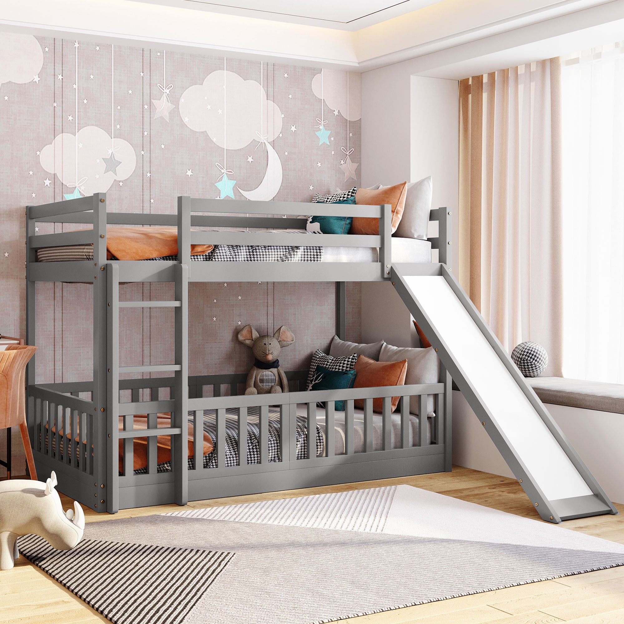 Twin Over Twin Bunk Bed with Slide and Ladder (Gray)
