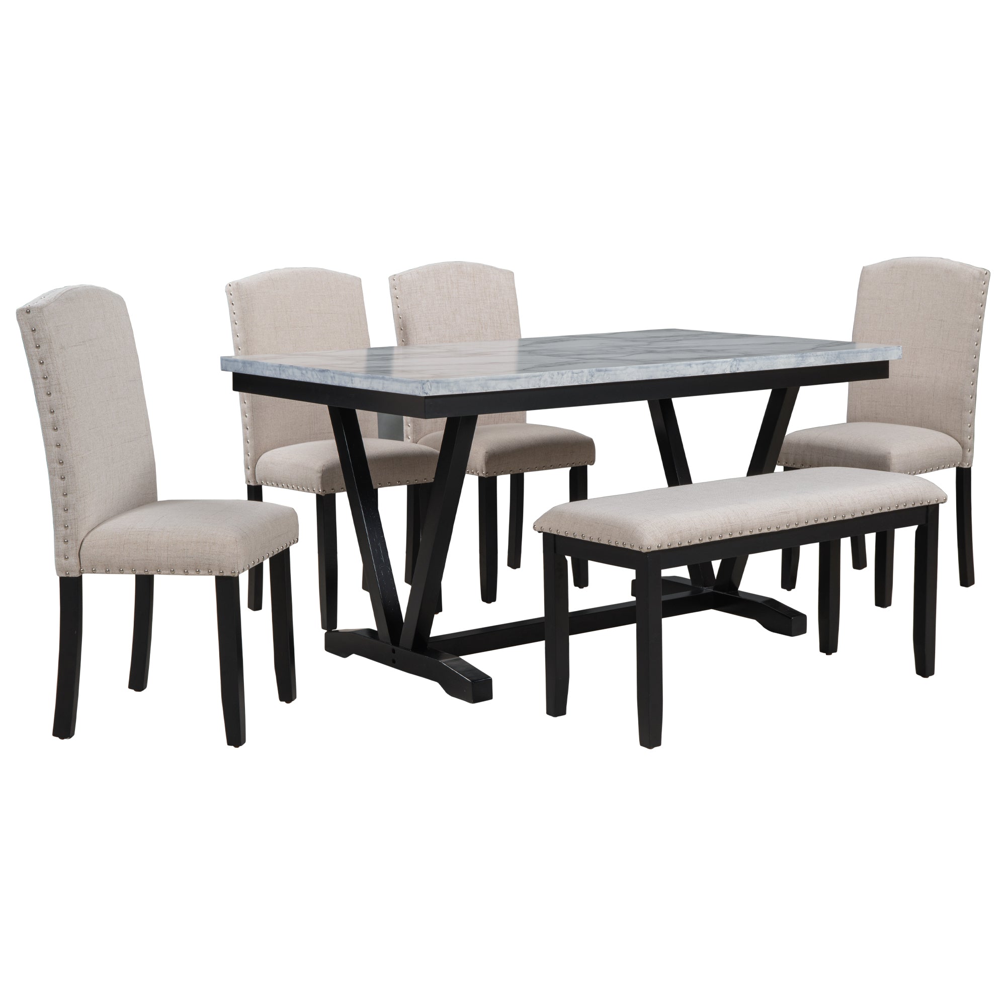 TREXM 6-piece Dining Table with 4 Chairs and 1 Bench, Table with Marble Veneer Top and V-shaped Legs (white)