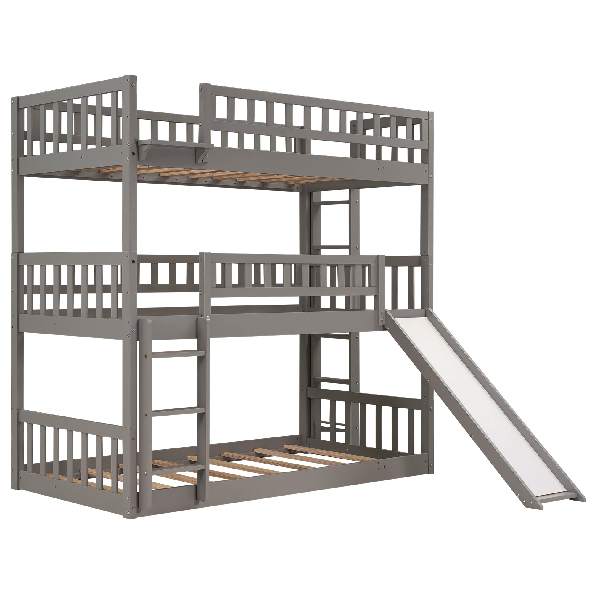 Twin-Over-Twin-Over-Twin Triple Bed with Built-in Ladder and Slide (Gray)