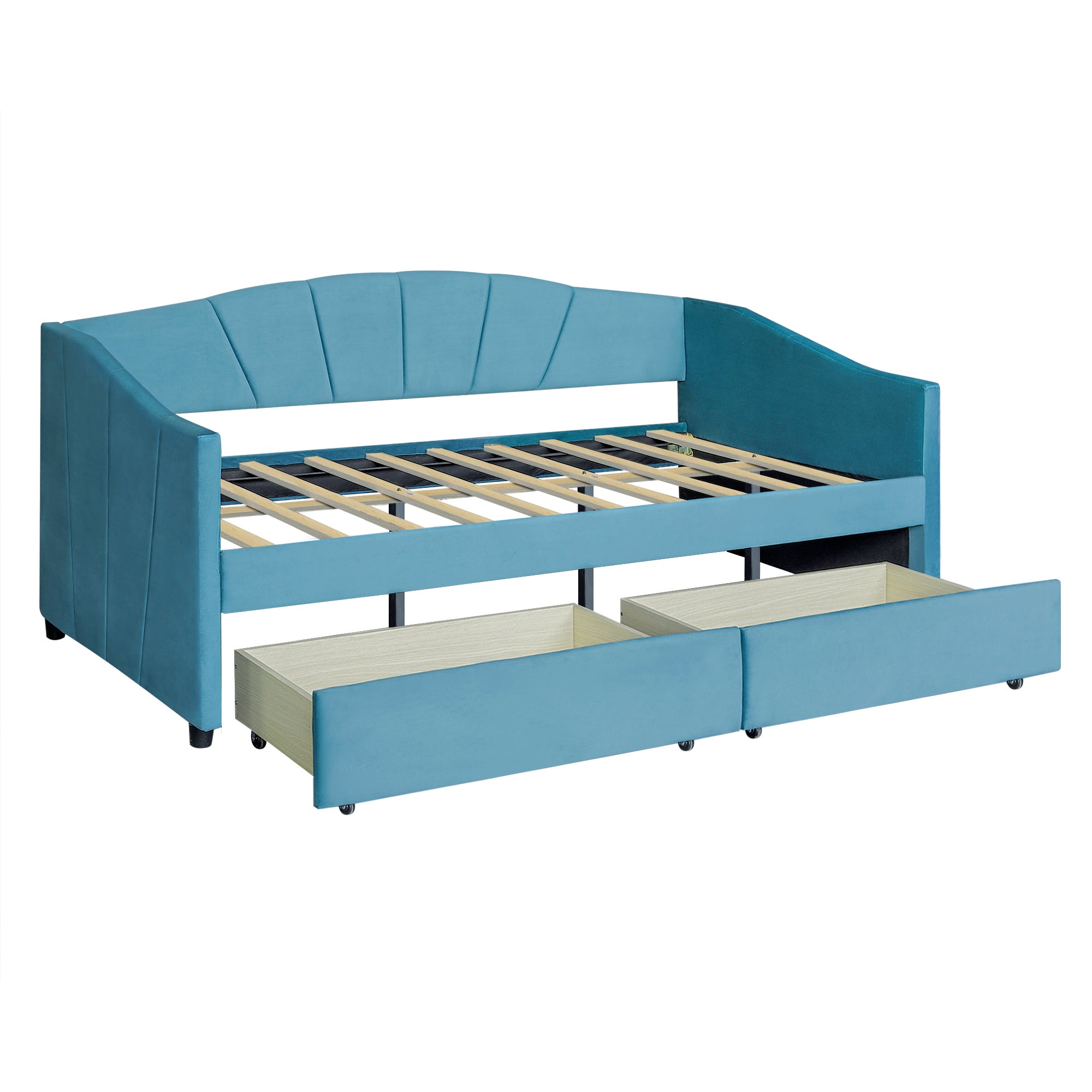 Upholstered daybed Twin Size with Two Drawers and Wood Slat Suppot (Blue)