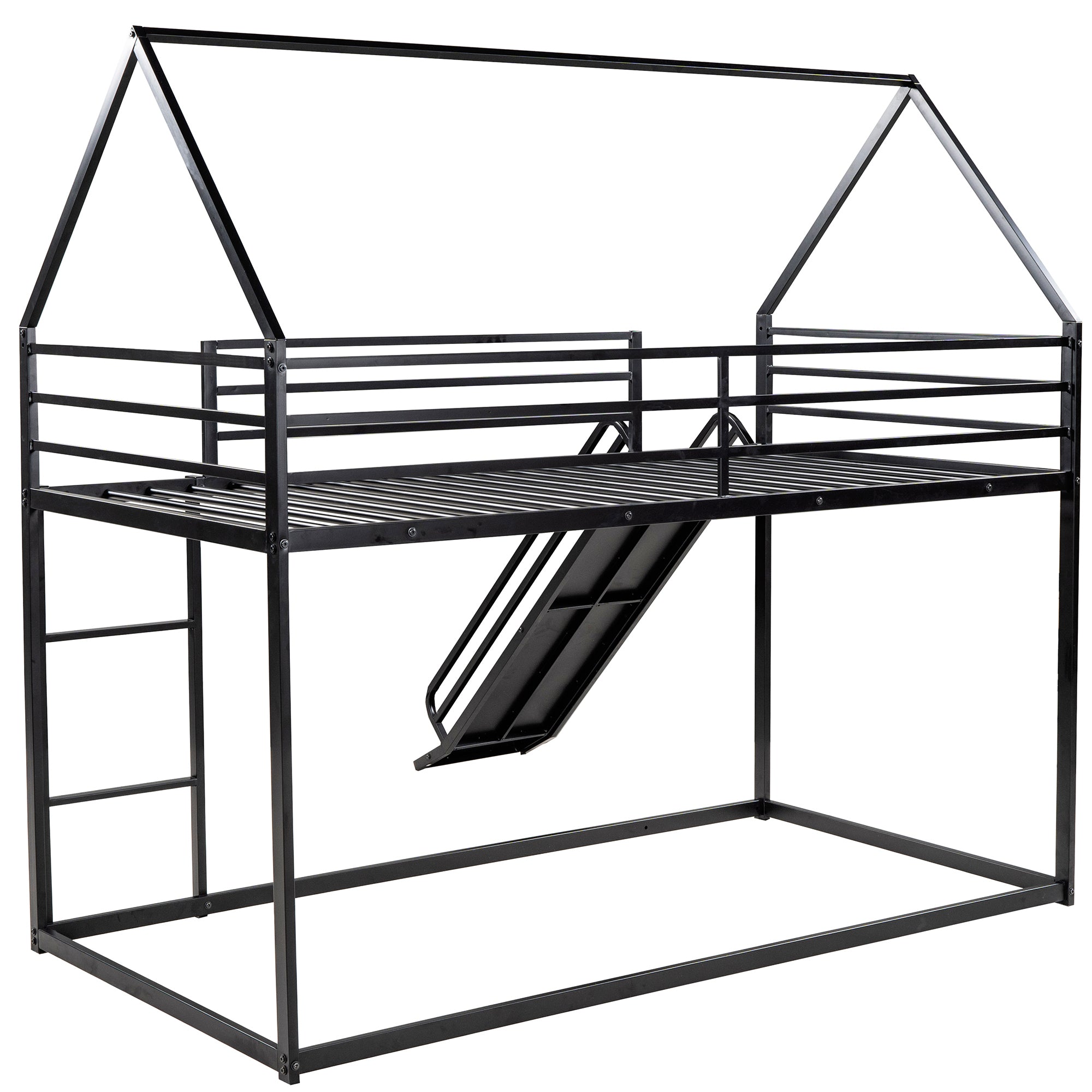 Twin over Twin House Bunk Bed with Ladder and Slide (Black)