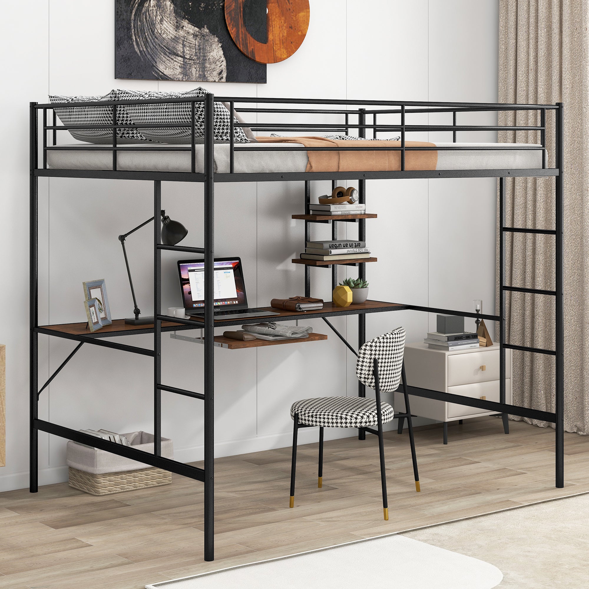 Loft Bed with Desk and Shelf (Black)
