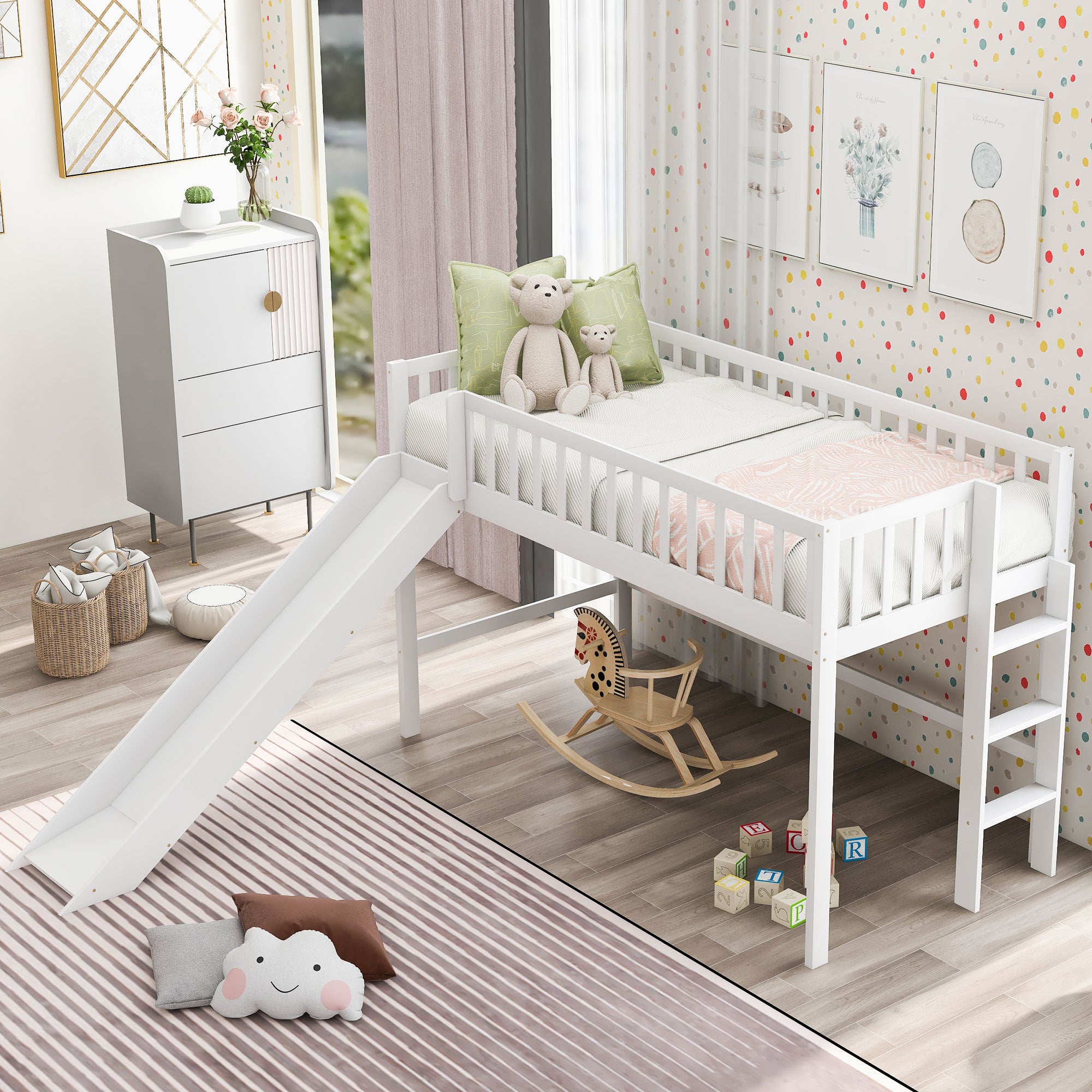 Twin Size Low Loft Bed with Ladder and Slide (White)
