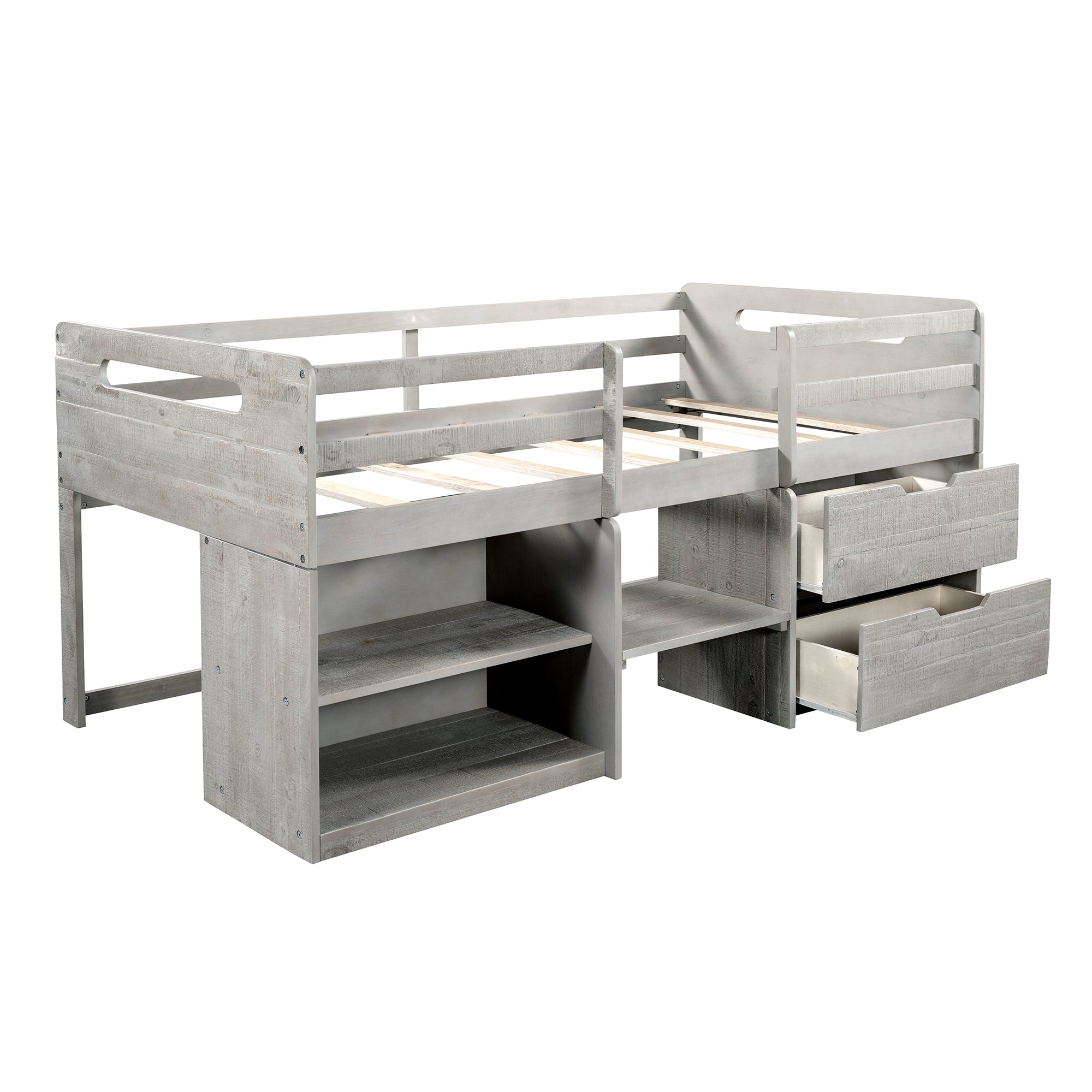 Twin size Loft Bed with Two Shelves and Two drawers  (Antique Gray)