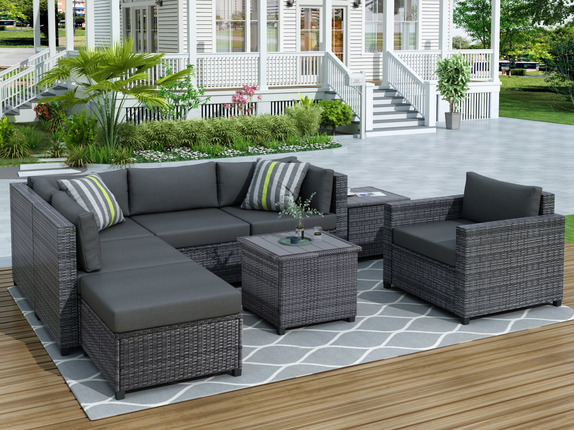 8 Piece Rattan Sectional Seating Group with Cushions Patio Furniture Sets (Gray)