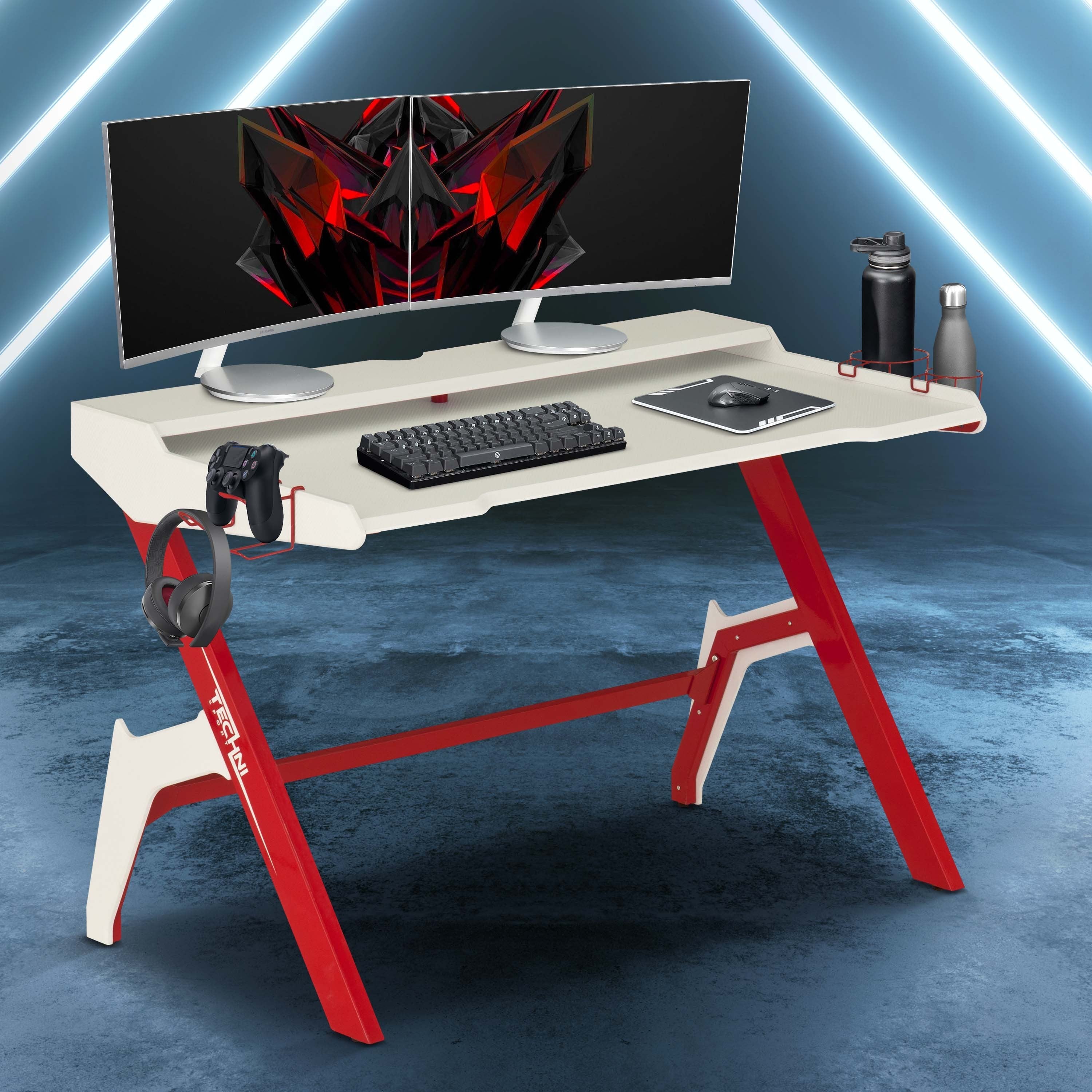 Gaming Desk Workstation with Cupholder & Headphone Hook (Red)