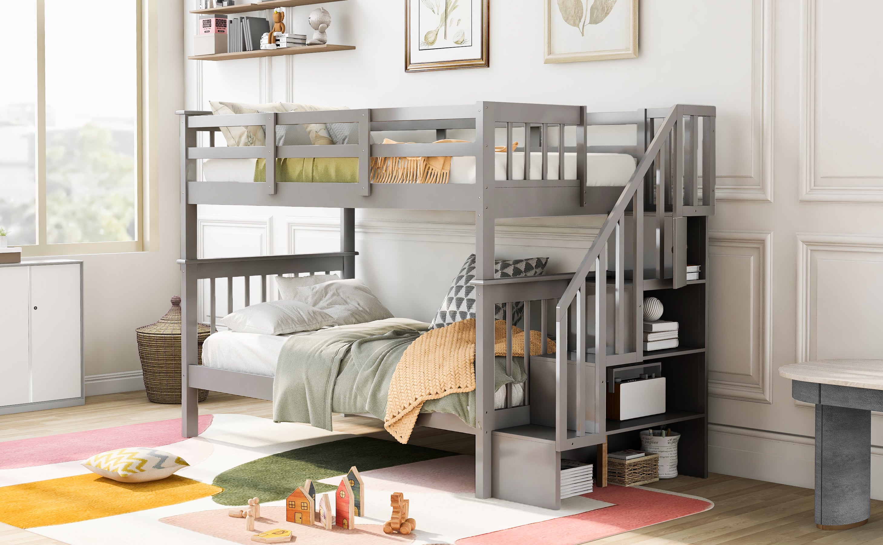 Stairway Twin-Over-Twin Bunk Bed with Storage and Guard Rail for Bedroom (Gray)