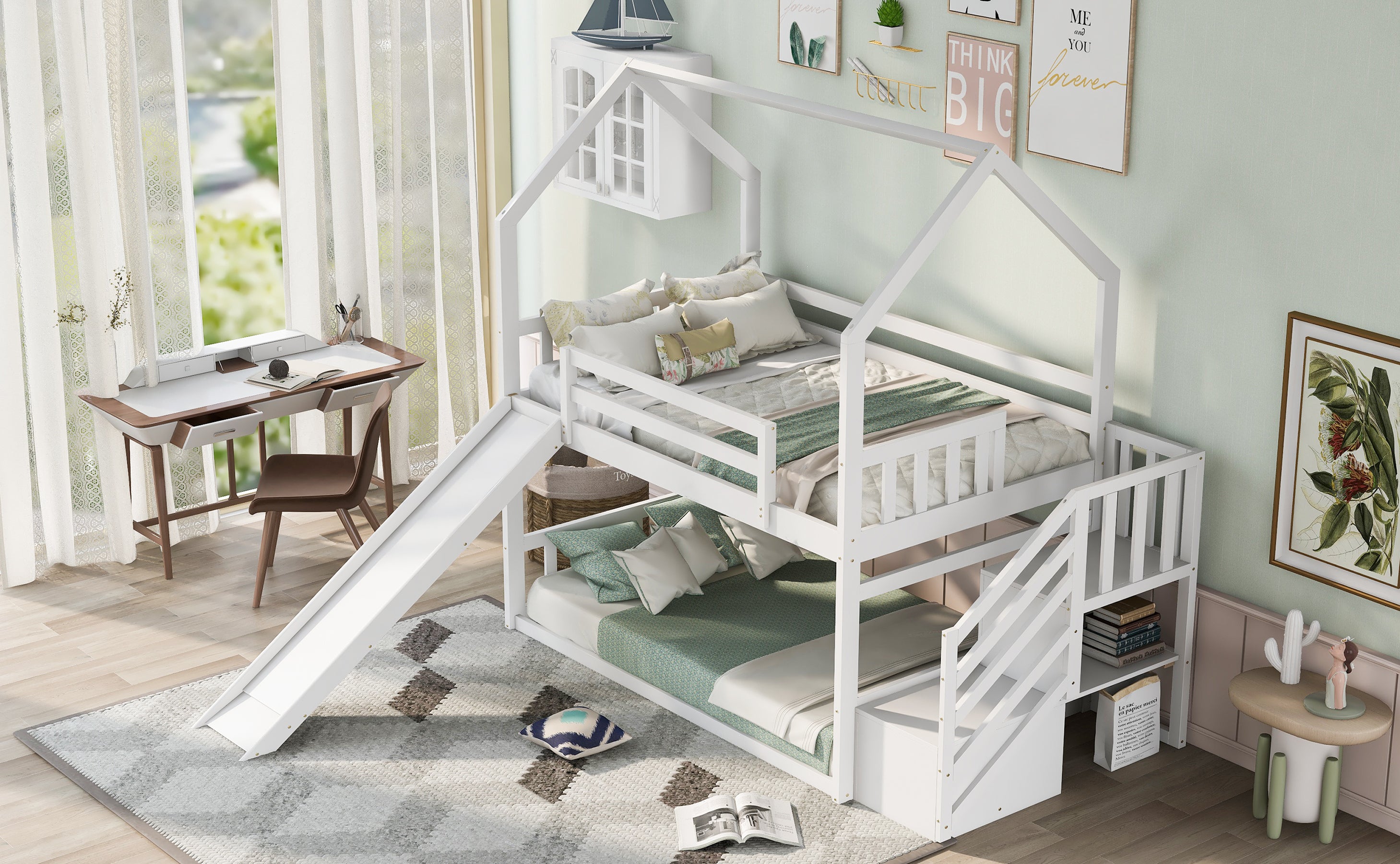 Twin over Twin House Bunk Bed with Convertible Slide (White)