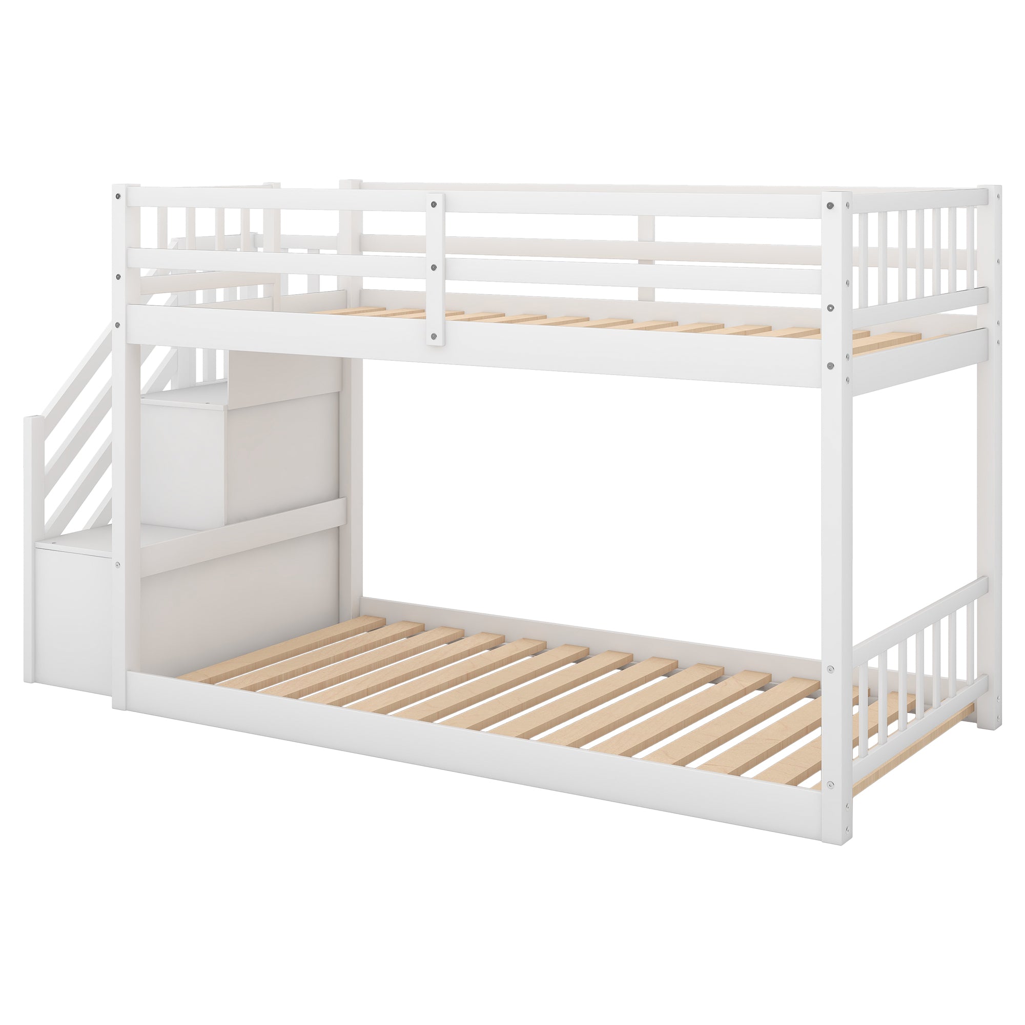 Twin over Twin Floor Bunk Bed, Ladder with Storage (White)
