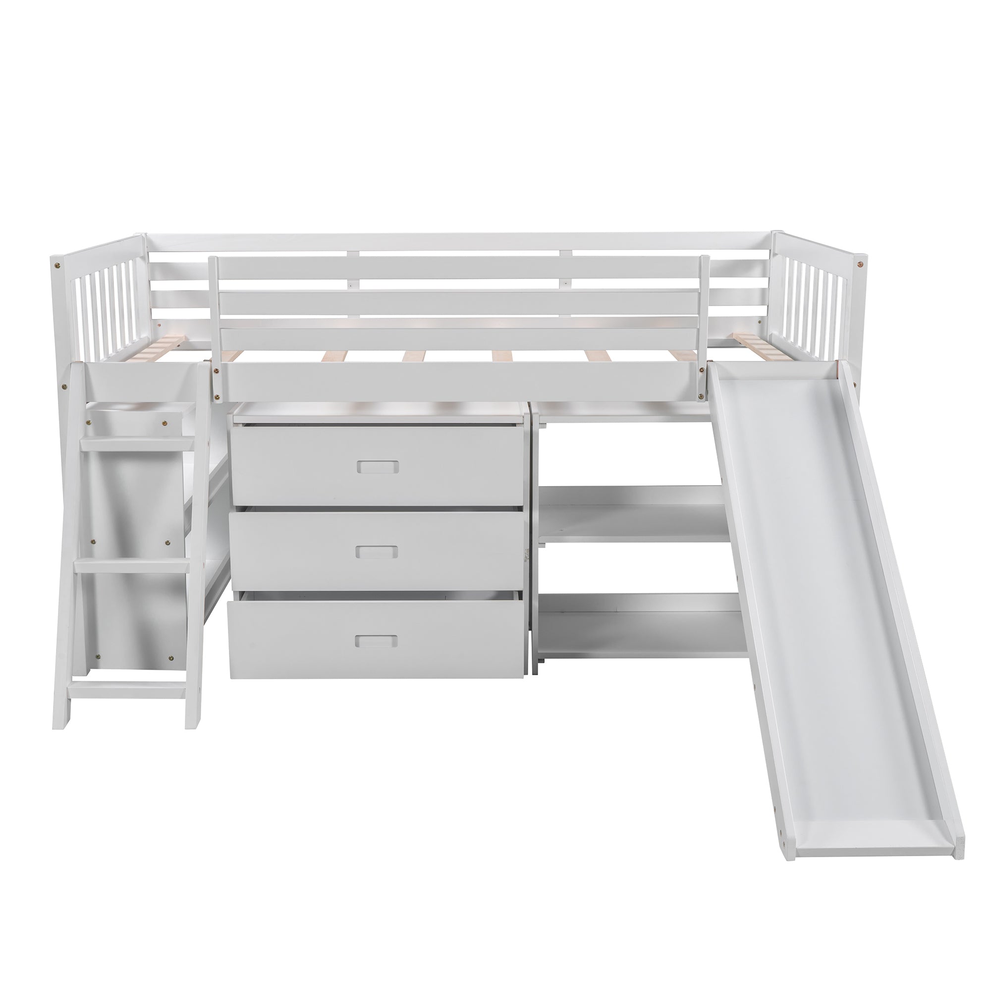 Low Loft Bed with Attached Bookcases and Separate 3-tier Drawers (White)