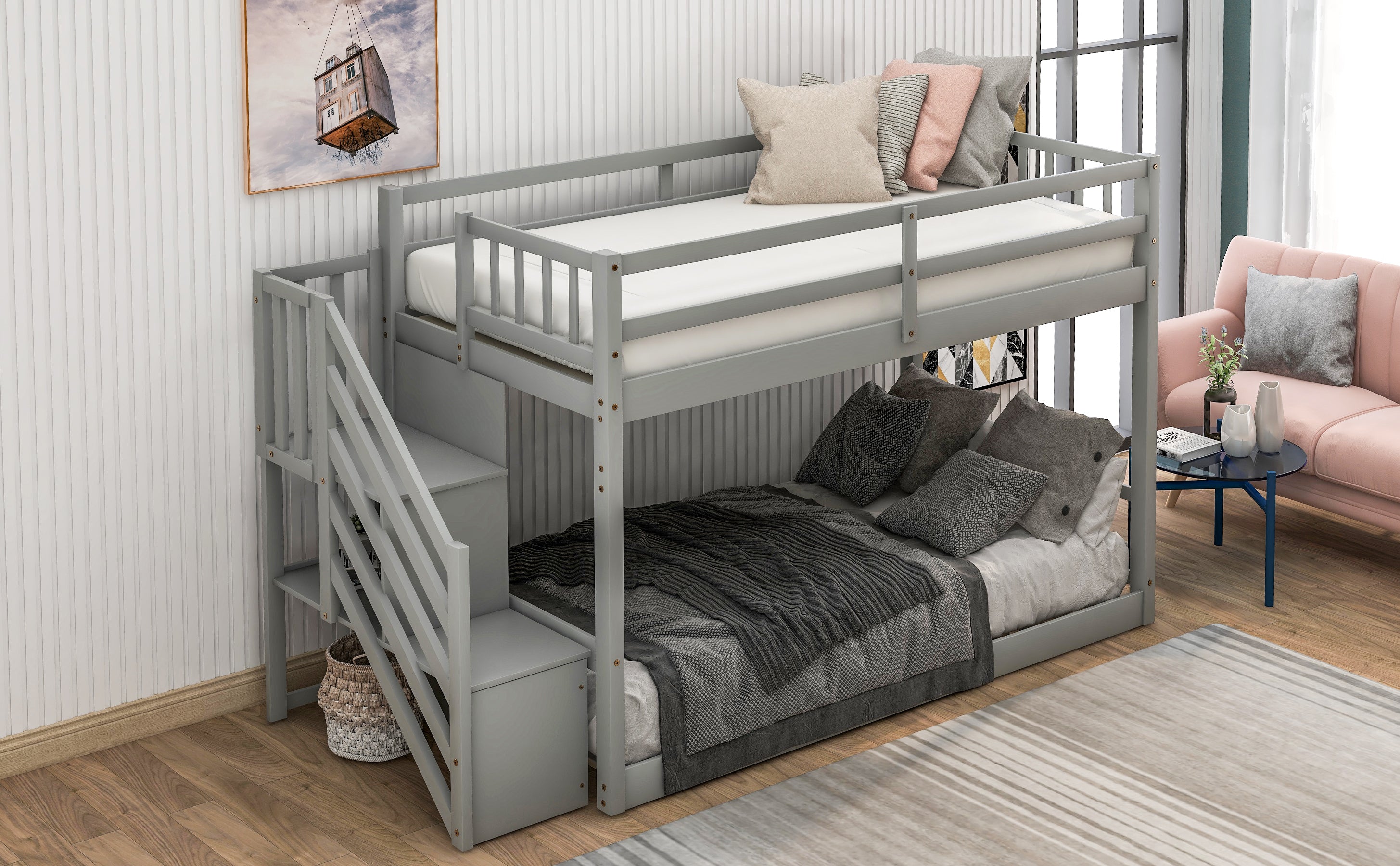 Twin over Twin Floor Bunk Bed, Ladder with Storage (Gray)
