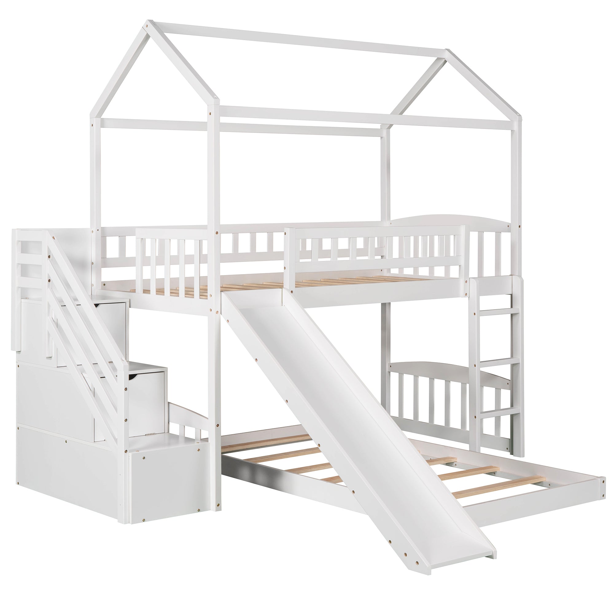 Twin Over Twin Bunk Bed with Two Drawers and Slide (White)