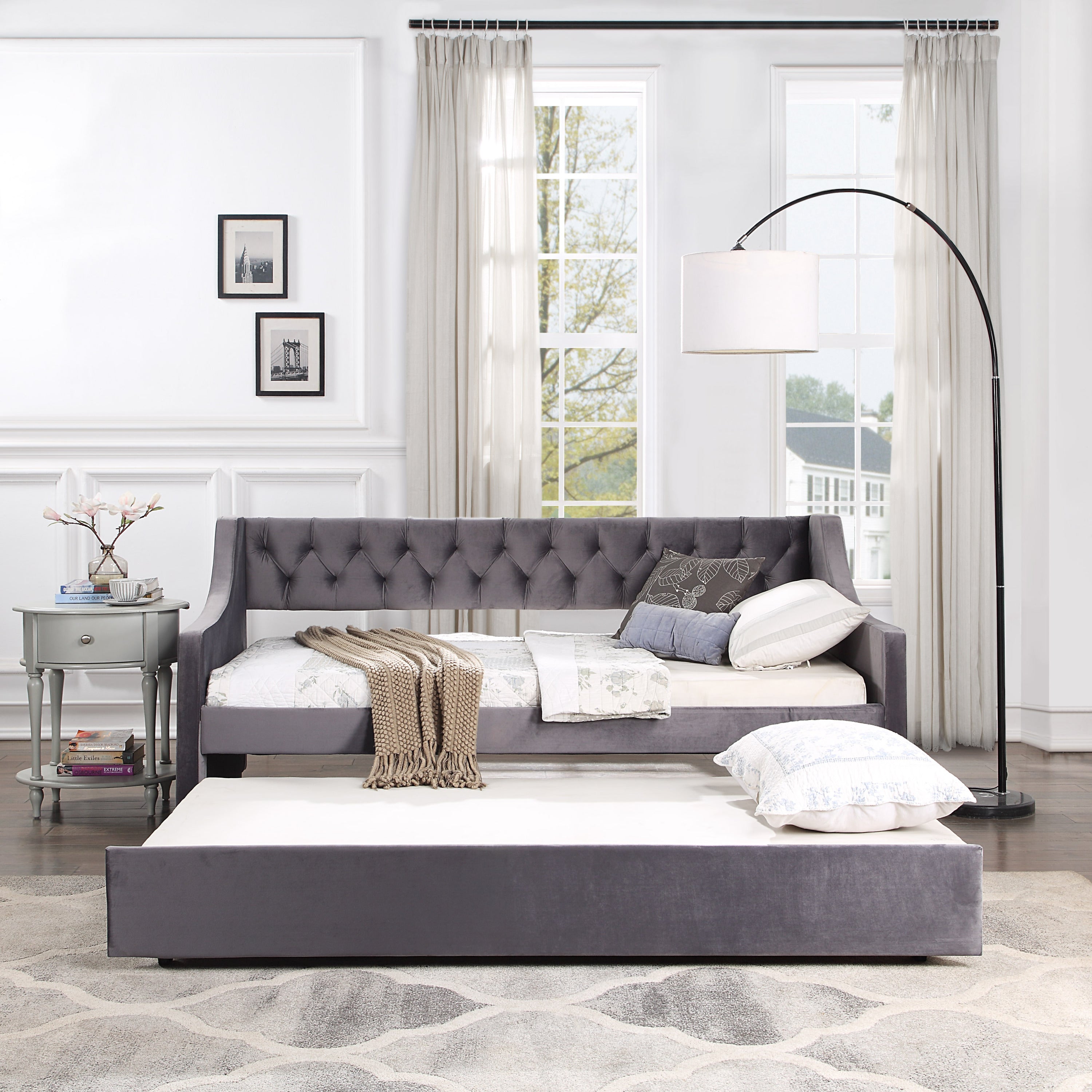 Daybed with Trundle Upholstered Tufted Sofa Bed Twin Size (Gray)