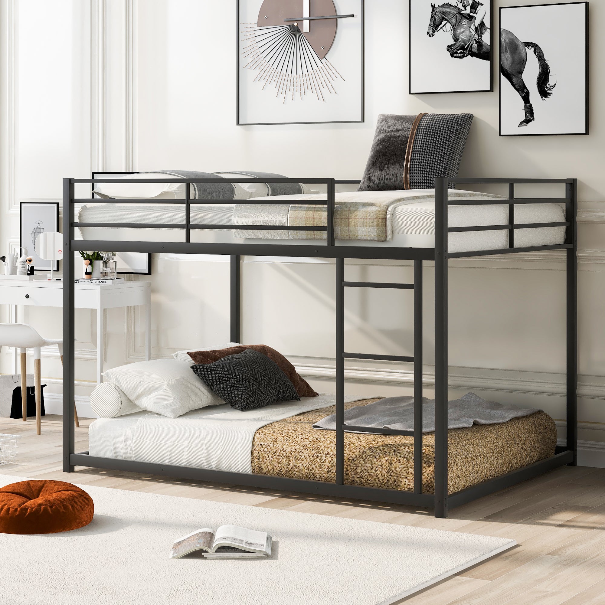 Full over Full Metal Bunk Bed, Low Bunk Bed with Ladder (Black)