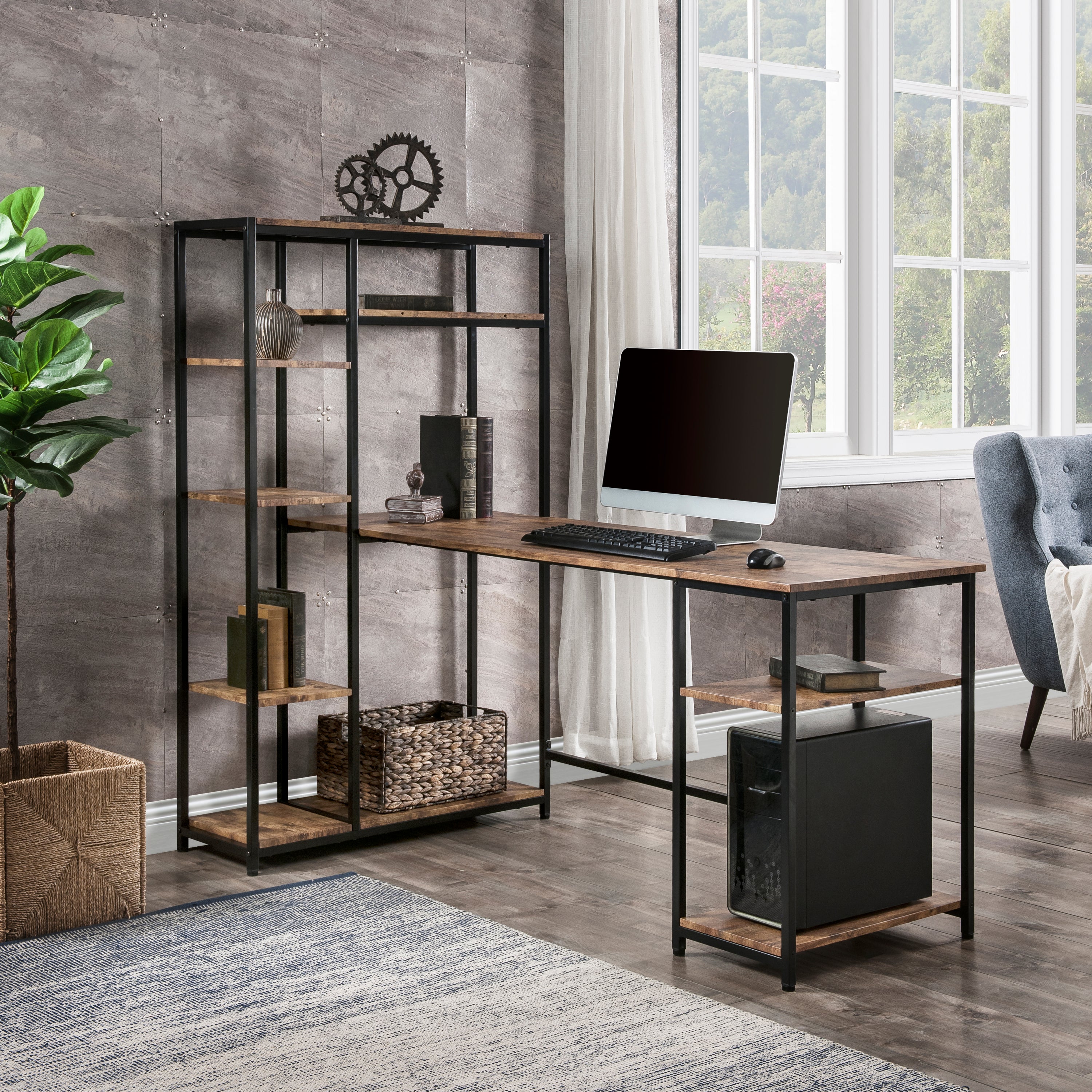 Home Office Computer Desk with Multiple Storage Shelves (Brown)