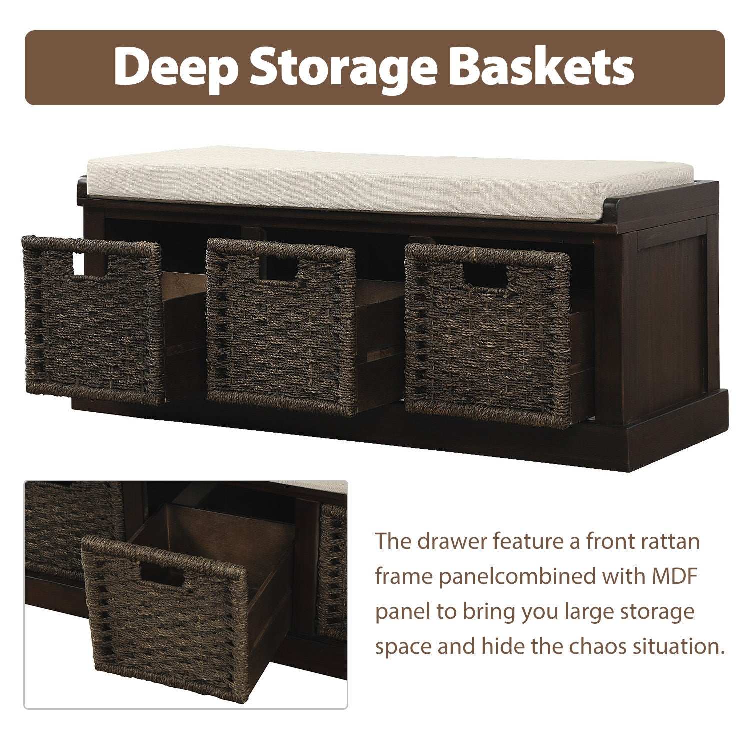 TREXM Rustic Storage Bench with 3 Detachable Classic Rattan Baskets (Espresso)