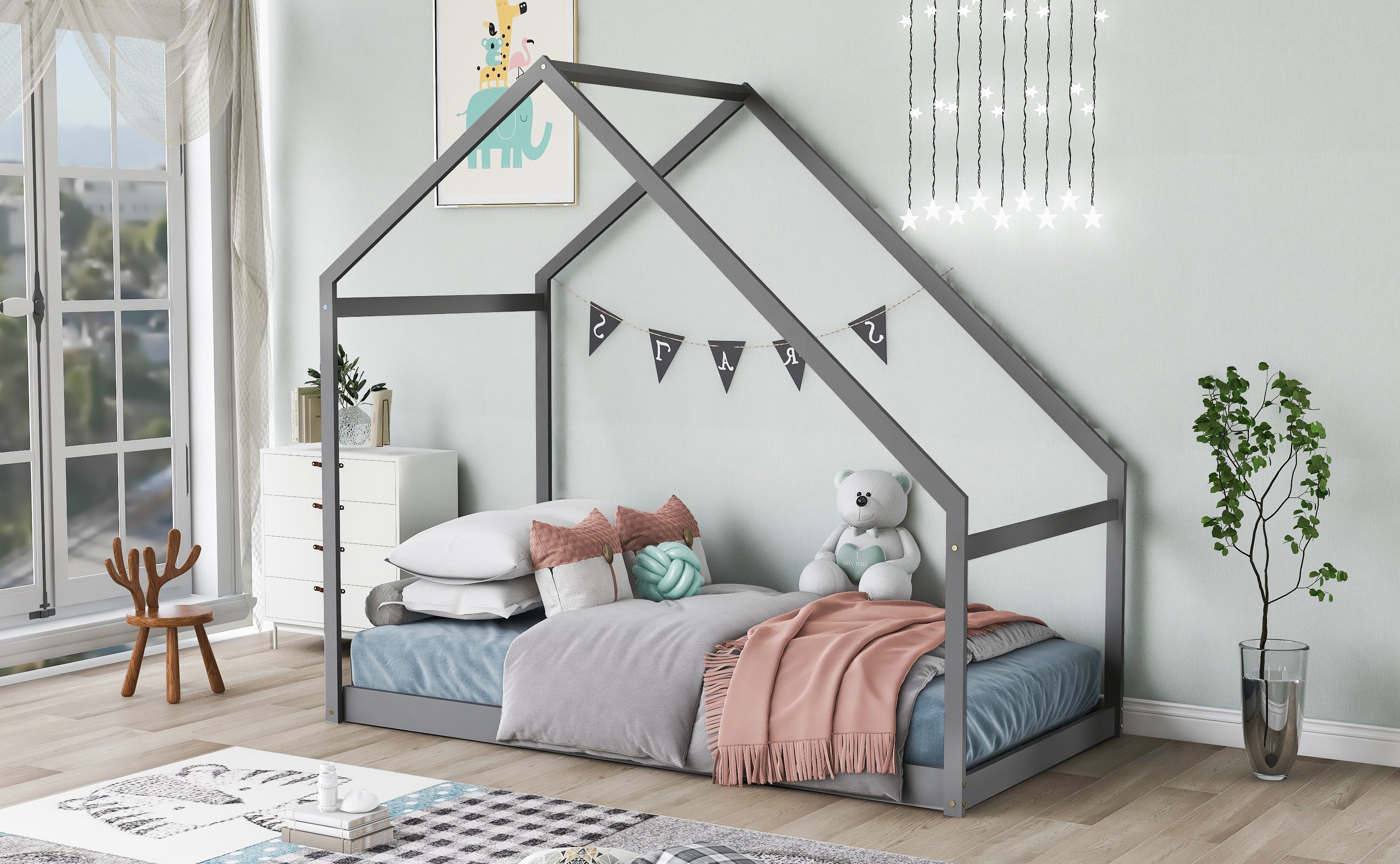 Twin Size Wooden House Bed (Gray)