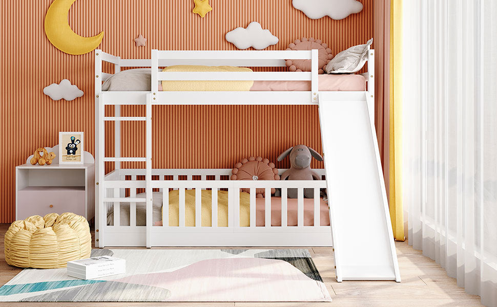 Twin Over Twin Bunk Bed with Slide and Ladder  (White)