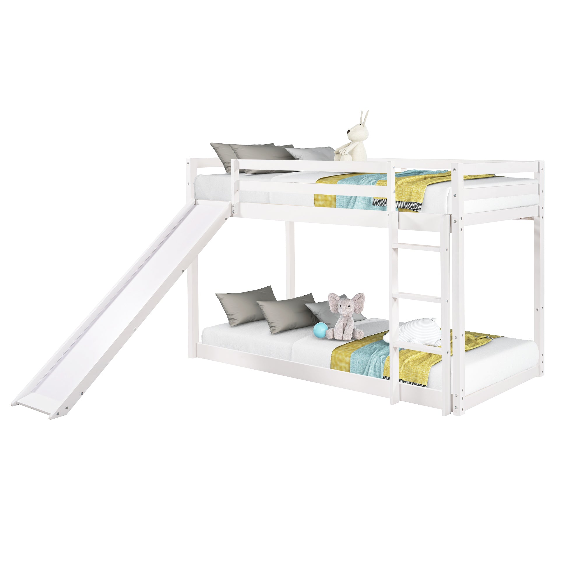 Twin Over Twin Bunk Bed with Slide and Ladder (White)