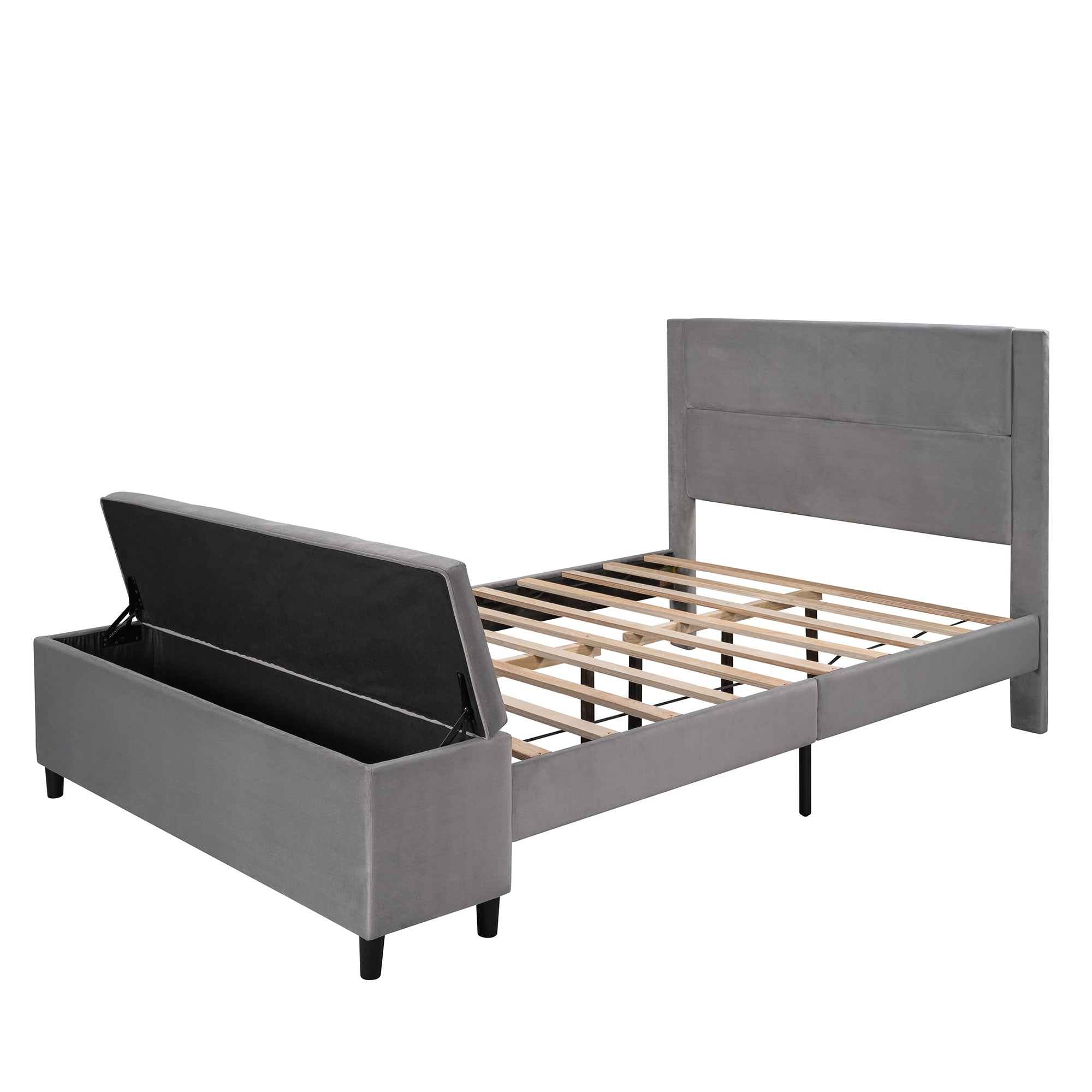 Queen Size Storage Bed Upholstered Platform Bed with a Cushioned Ottoman (Gray）