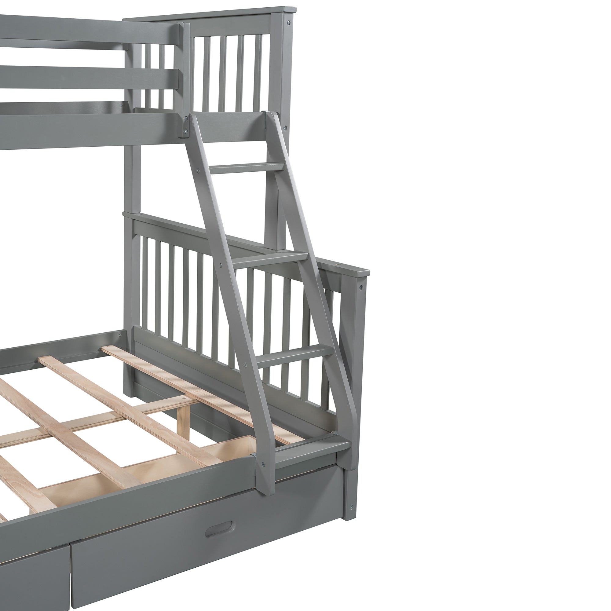 Twin-Over-Full Bunk Bed with Ladders and Two Storage Drawers (Gray)